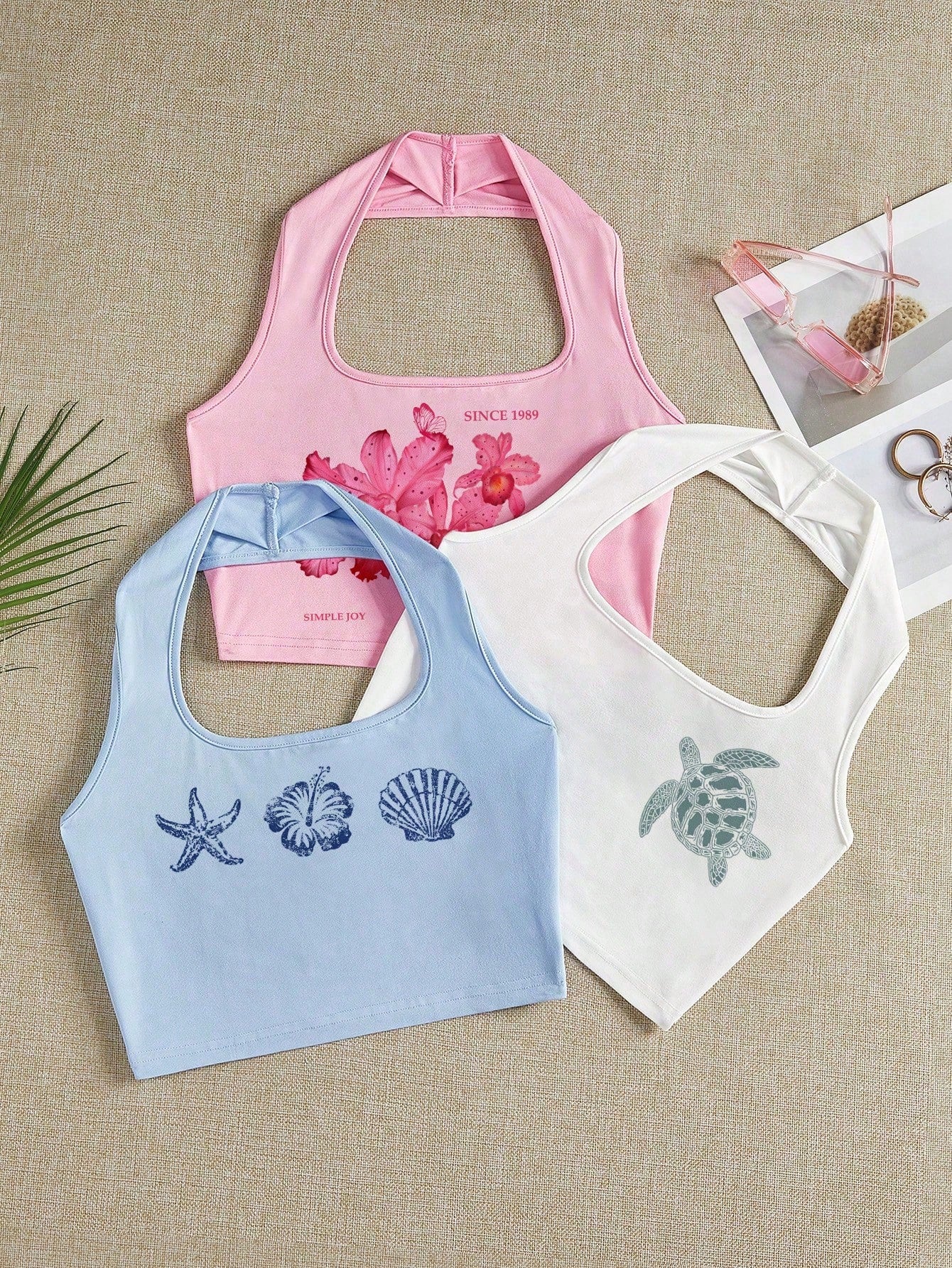 Ezwear 3 Pcs Beach Vacation Outfits Women Casual Versatile Vacation Turtle, Floral, Blue Shell, Starfish Pattern Camisole Multi-Piece Set, Suitable for Summer Vacation