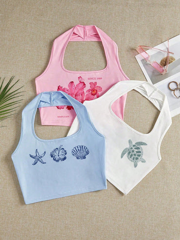Ezwear 3 Pcs Beach Vacation Outfits Women Casual Versatile Vacation Turtle, Floral, Blue Shell, Starfish Pattern Camisole Multi-Piece Set, Suitable for Summer Vacation
