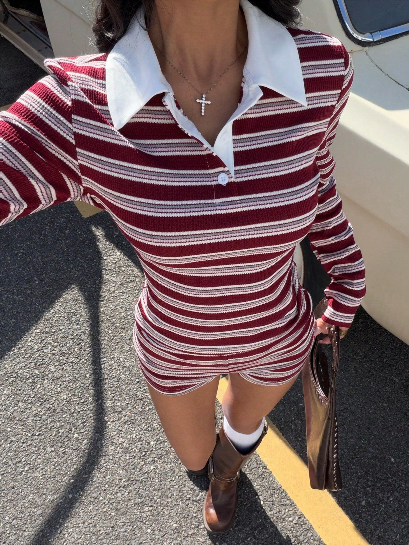 Muchica Women Textured Knit Polo Collar Long Sleeve T-Shirt and Super Shorts Set for Going Out Outfits, Streetwear, Y2K Clothes,Back to School Outfits