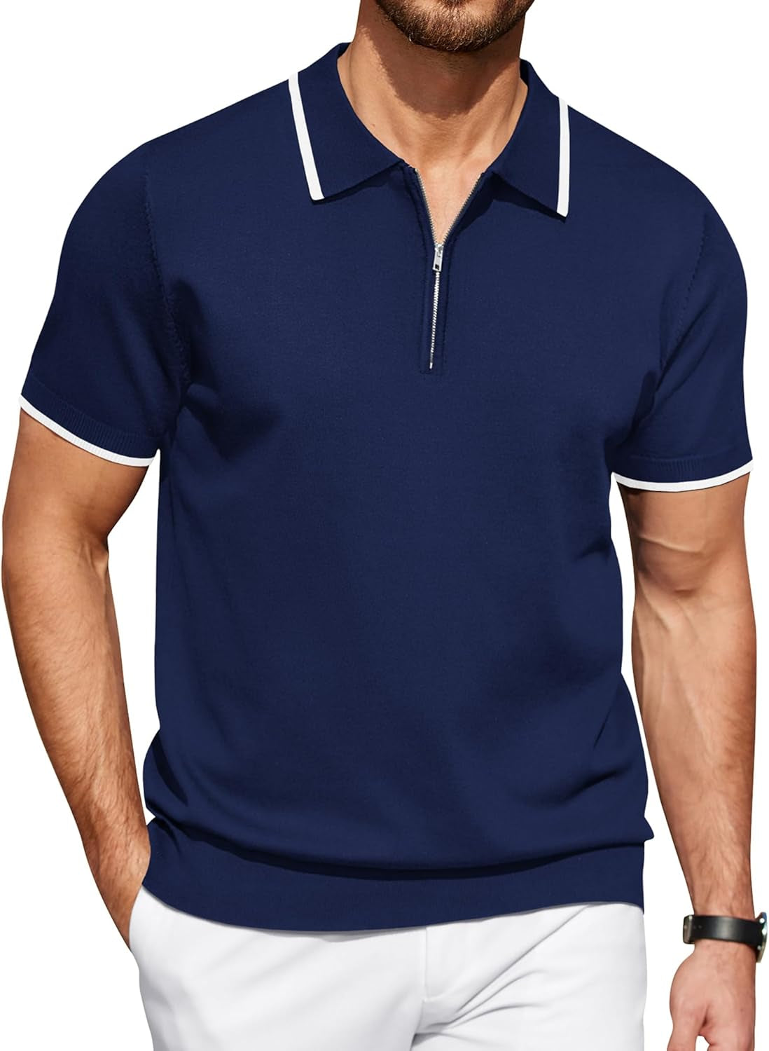 Men'S Zipper Polo Shirt Casual Knit Short Sleeve Polo T Shirt Classic Fit Shirts