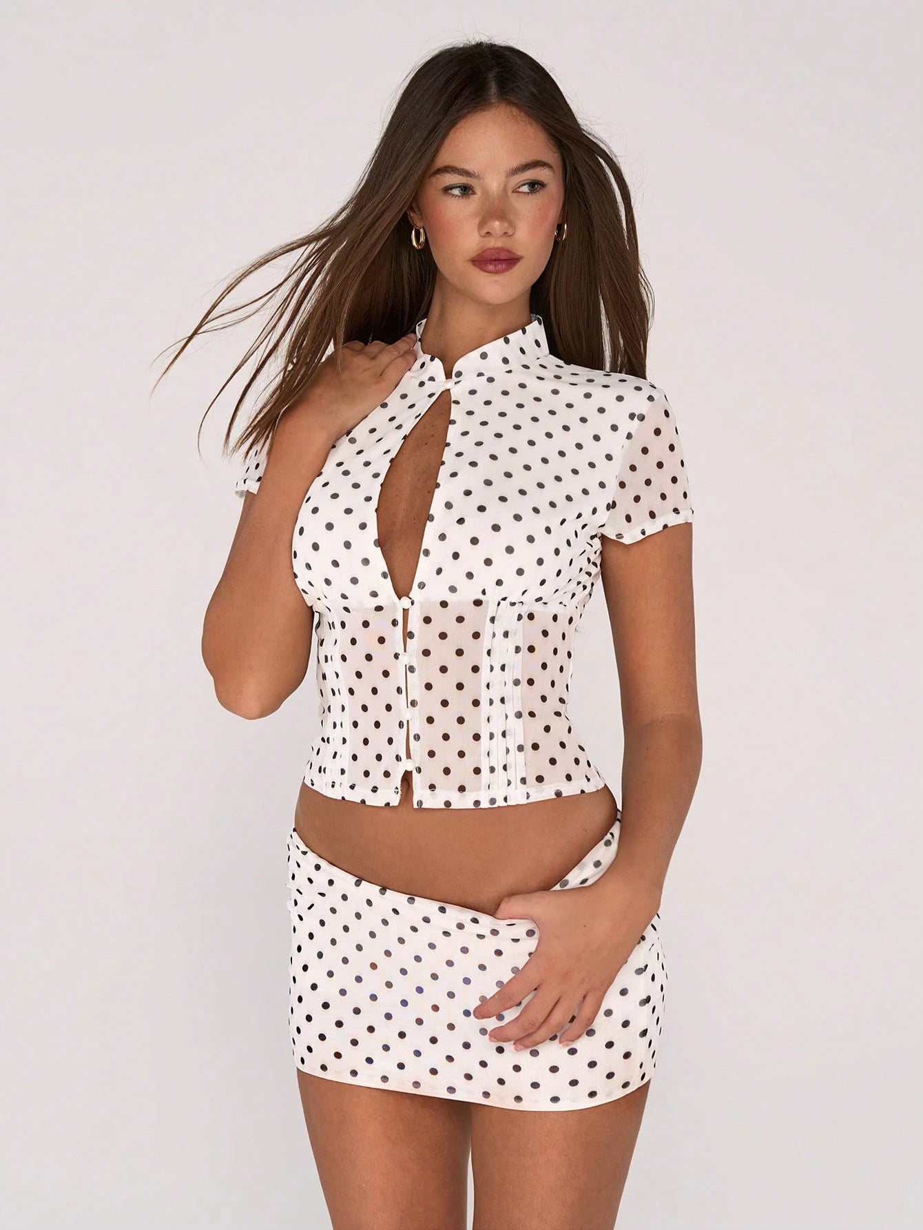 Sweetina Women'S Polka Dot Mesh Print Hollow Out Cardigan Top and Mini Bodycon Skirt 2 Piece Set for Women,Elegant Women'S Set Casual Outfit for Women