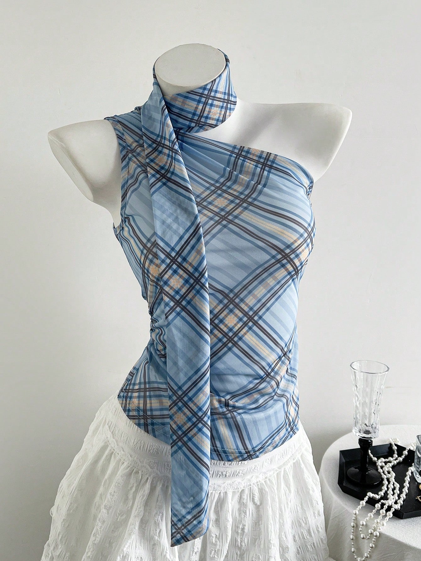Elamini Women Summer Casual/Vacation Sleeveless Oblique Shoulder Lace Ruffled Tank Top, Blue Plaid
