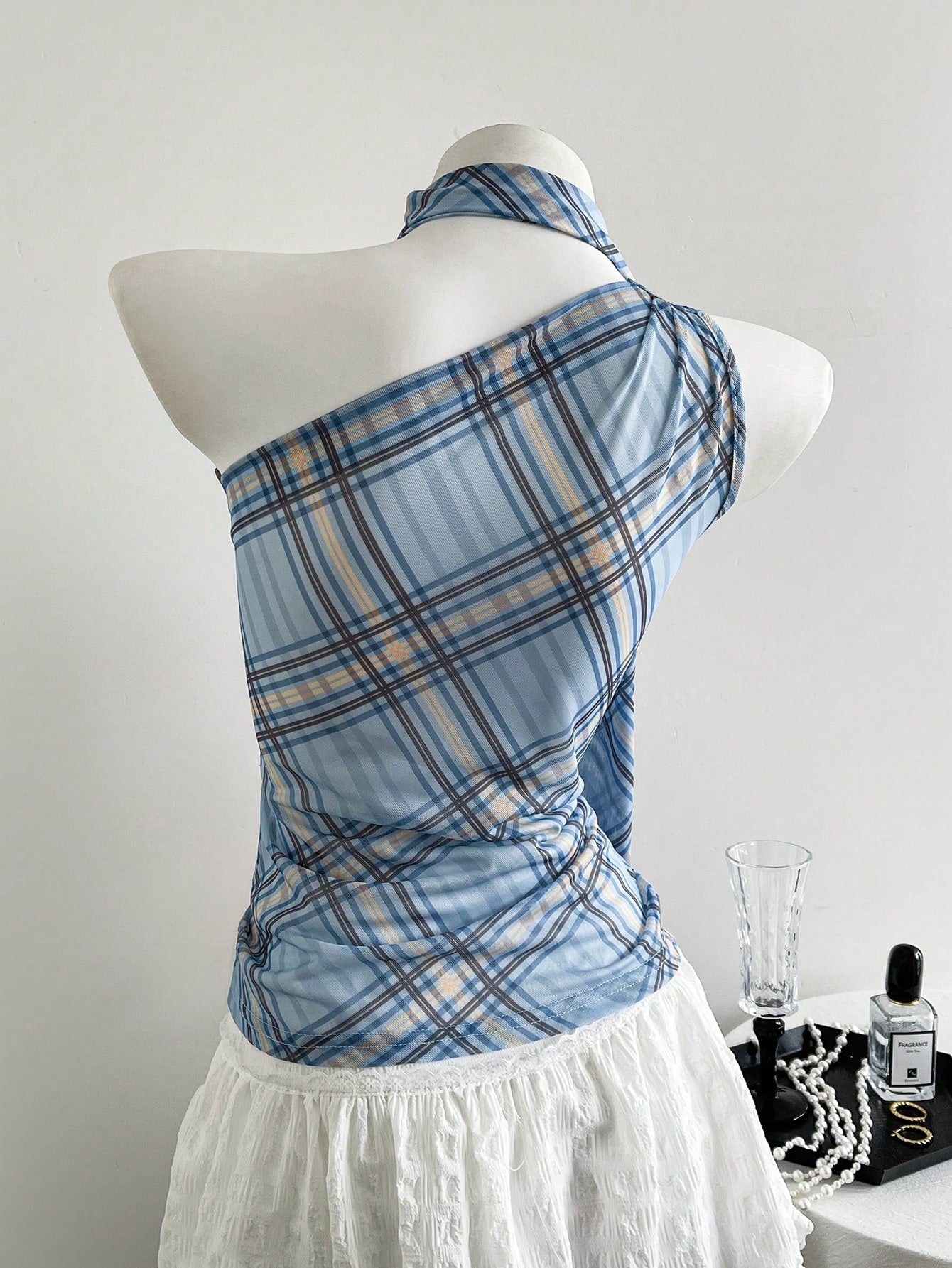 Elamini Women Summer Casual/Vacation Sleeveless Oblique Shoulder Lace Ruffled Tank Top, Blue Plaid