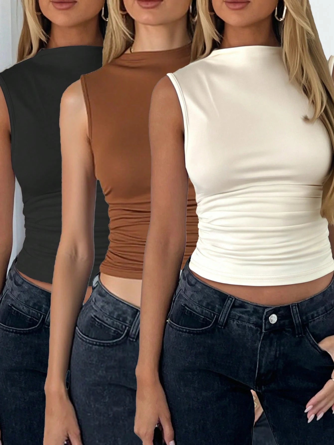 Siren Gaze 3Pcs Pleated Sleeveless Blouse Tops Summer Casual