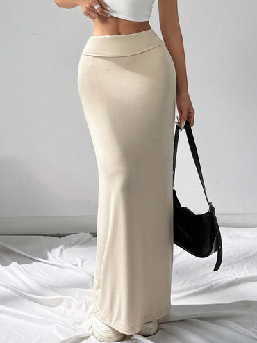 Ezwear Apricot Knitted High Waisted Pencil Skirt for Women