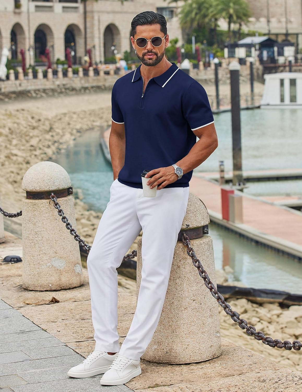 Men'S Zipper Polo Shirt Casual Knit Short Sleeve Polo T Shirt Classic Fit Shirts