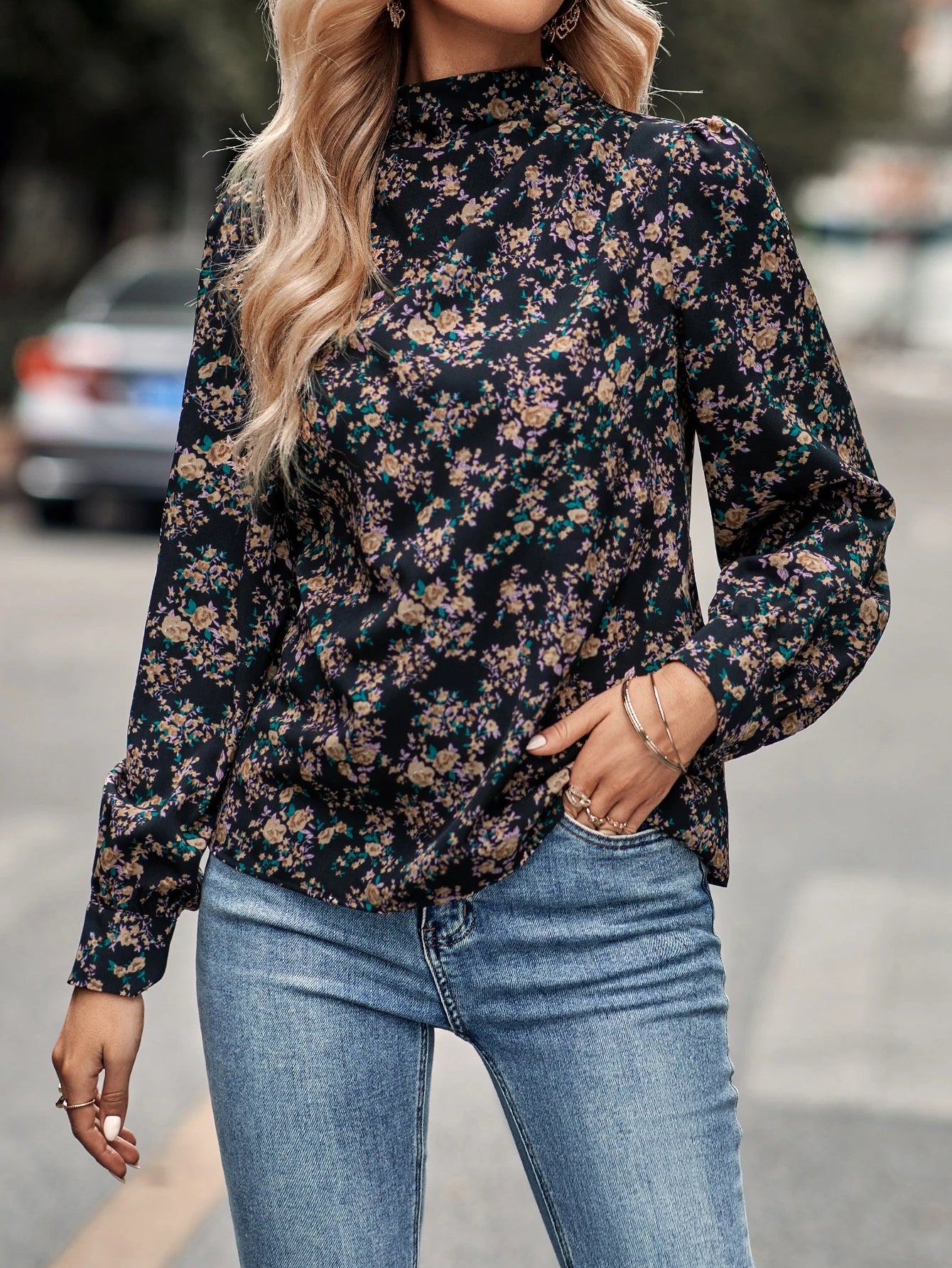 Ditsy Floral Mock Neck Blouse
