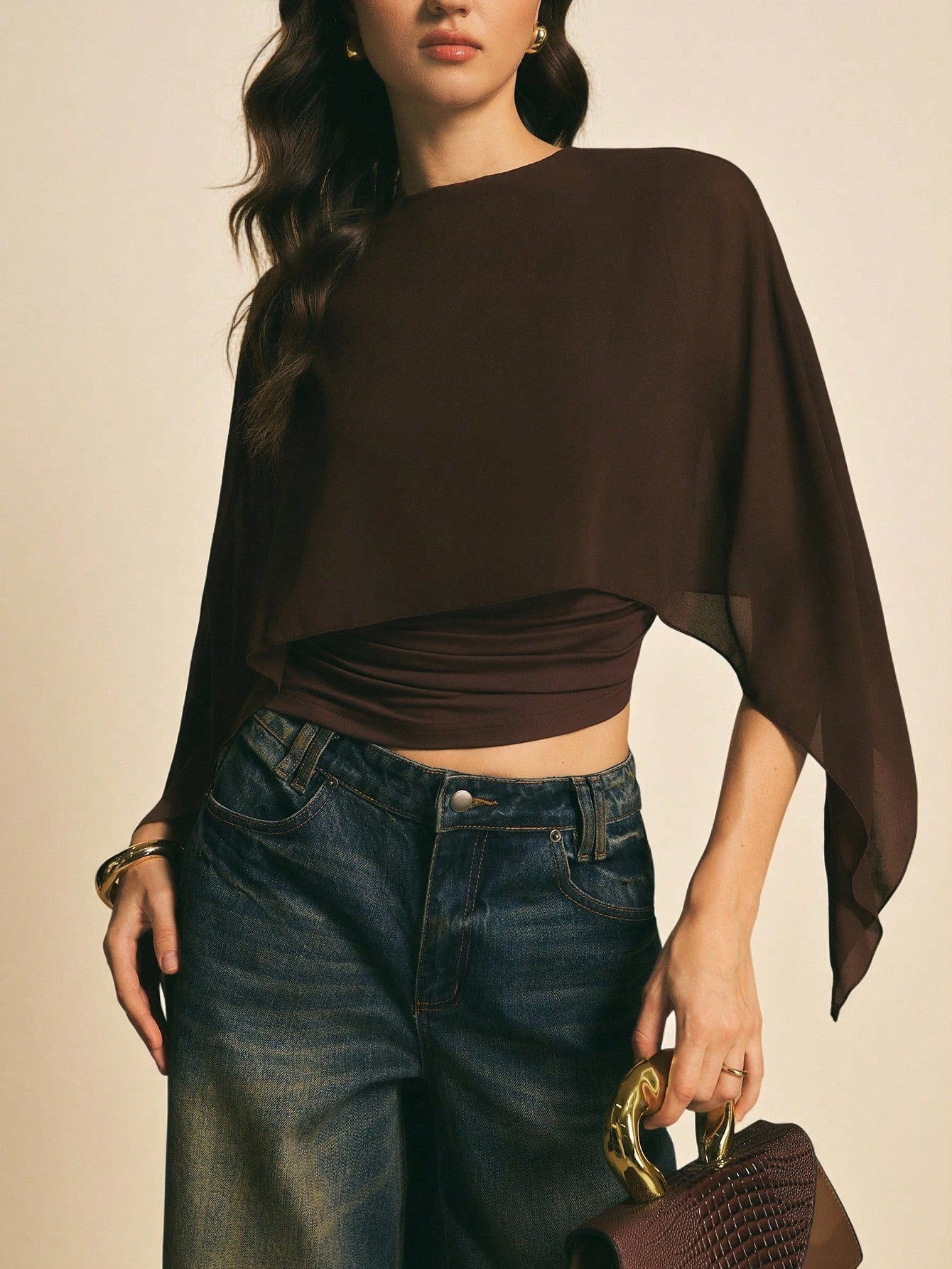 PoéSelle Women'S Brown Shawl Collar Casual Top,Elegant Blouses for Women ,Casual Women Outfits, New Year'S Outfit for Women,Suitable for Daily Wear, Going Out, Commuting Fall/Winter, Batwing Sleeve Top, Coffee Brown Top, Dark Brown Top,