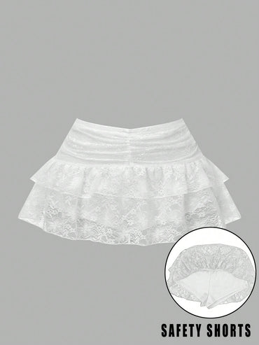 Women'S Lace Ruffle Drawstring Pleated Cute Cake Mini Skirt, Suitable for Gathering, Shopping, Party, White