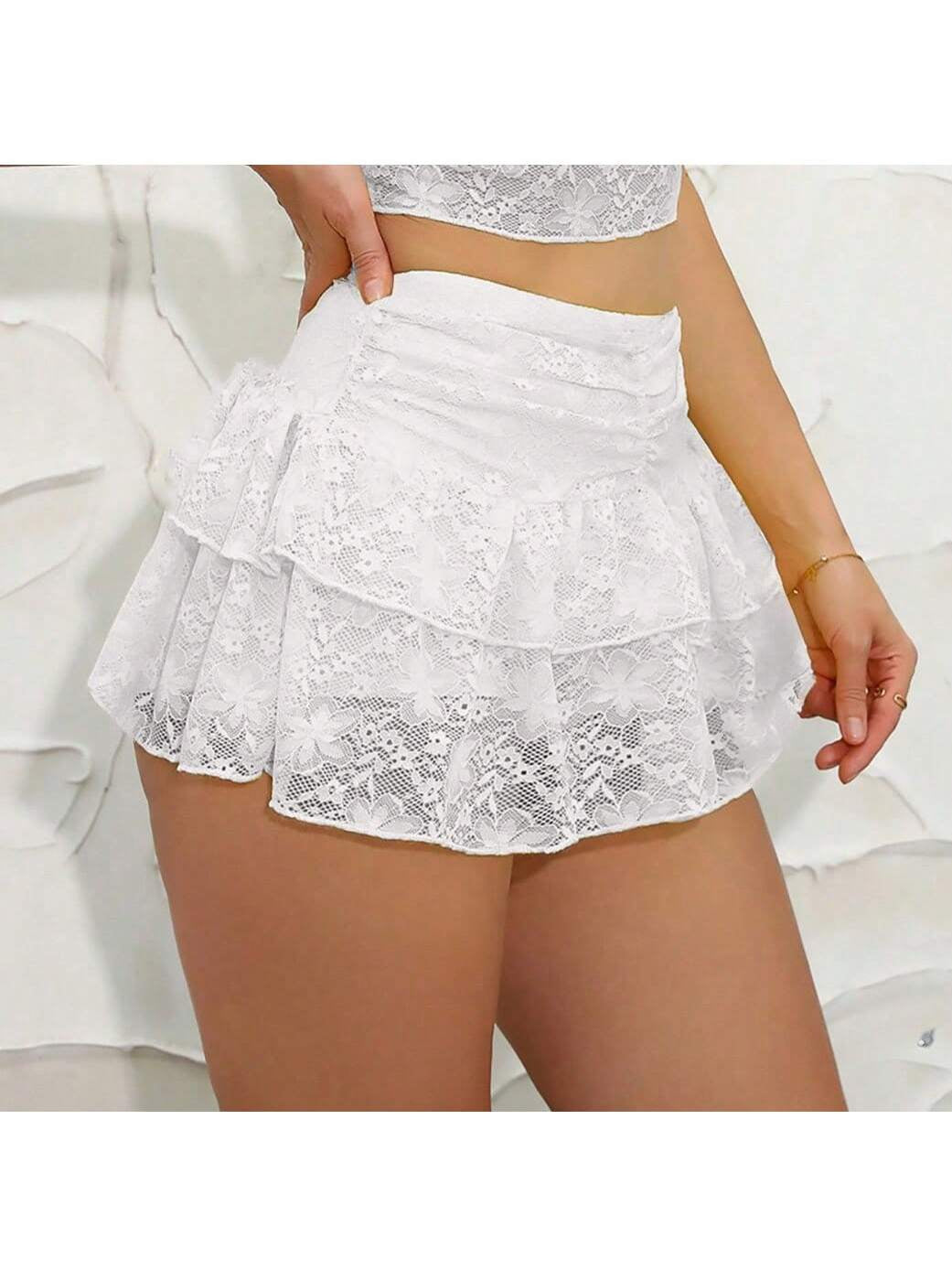 Women'S Lace Ruffle Drawstring Pleated Cute Cake Mini Skirt, Suitable for Gathering, Shopping, Party, White