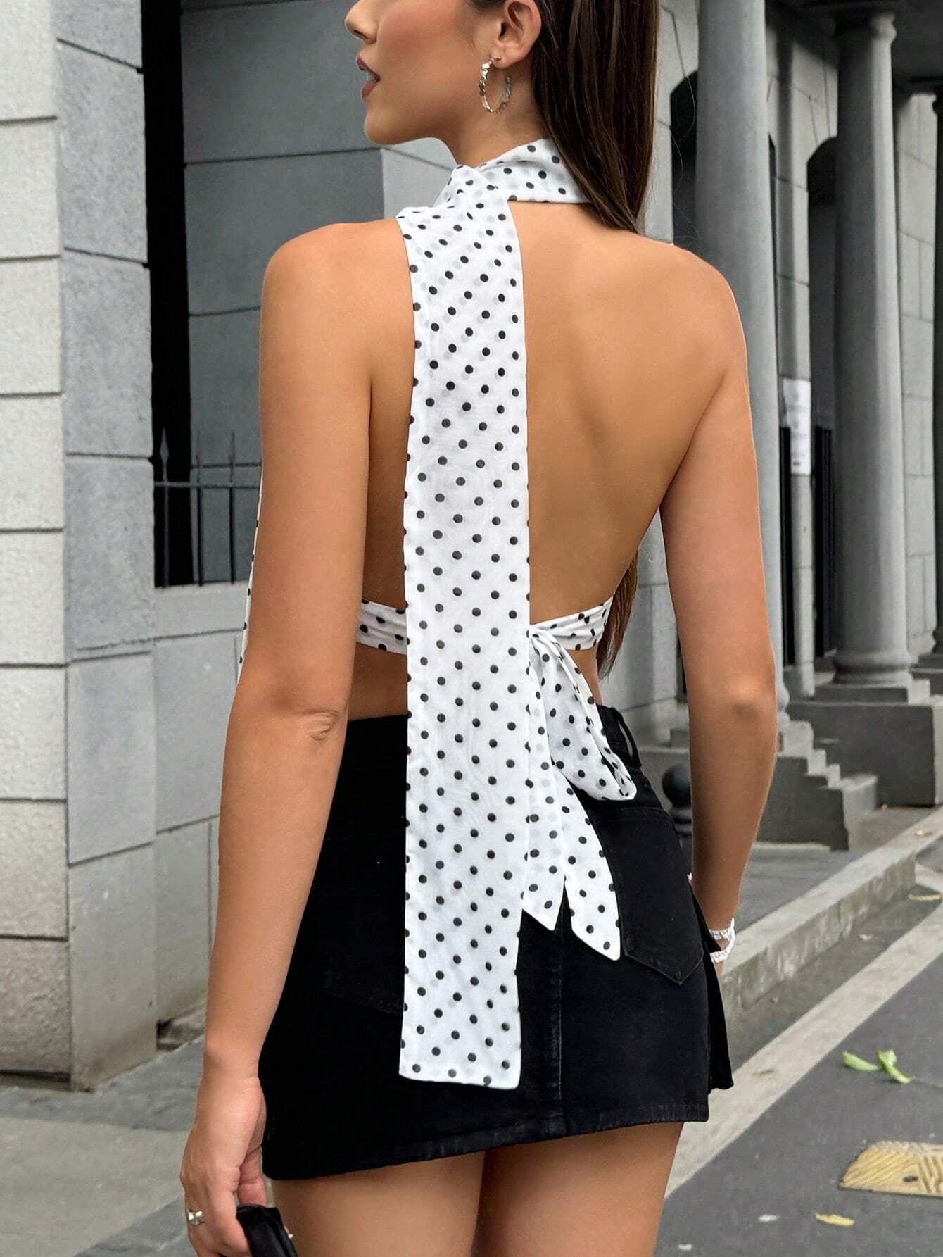CéVolie 1Pc Women'S Summer Elegant Polka Dot Print Halter Neck Camisole, Suitable for Dates Graphic Tees Women Tops