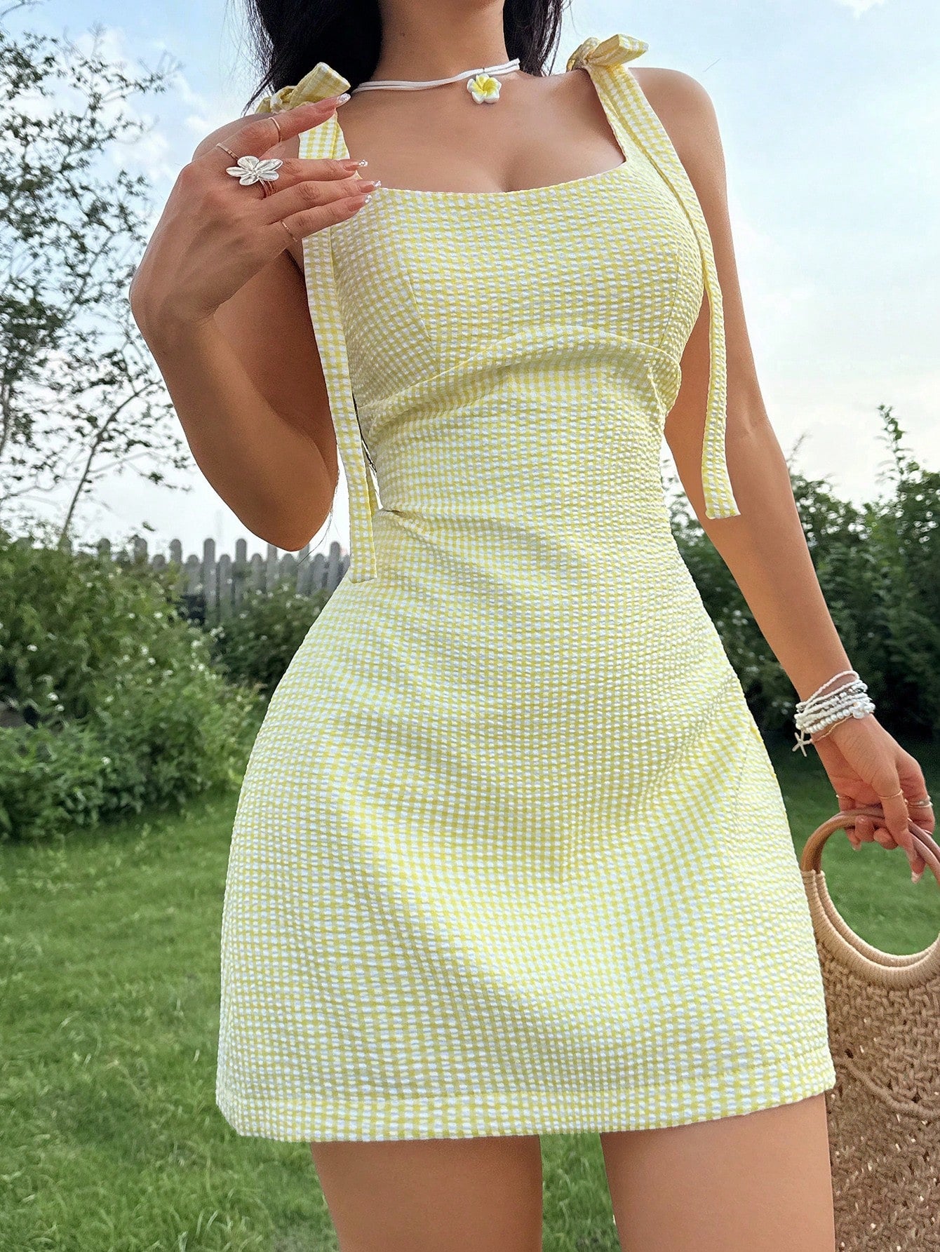 Seelio Summer New Arrivals Women'S Butterfly Embellished Mini Plaid Dress