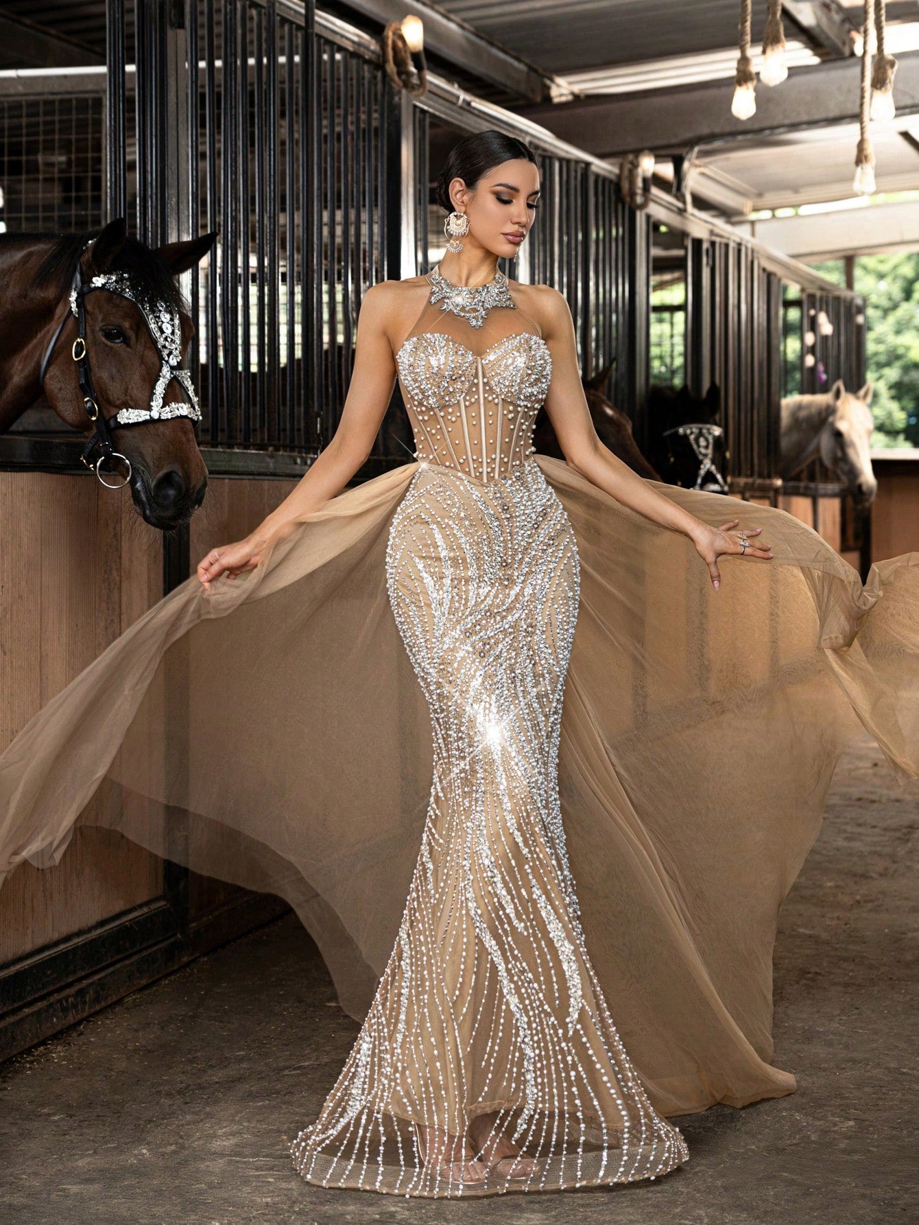 Sparkling Beads Party Formal Dress Sequins Embellishment Evening Gown Solid Color Semi-Translucent Women Halter Mermaid Hem Backless Maxi Dresses
