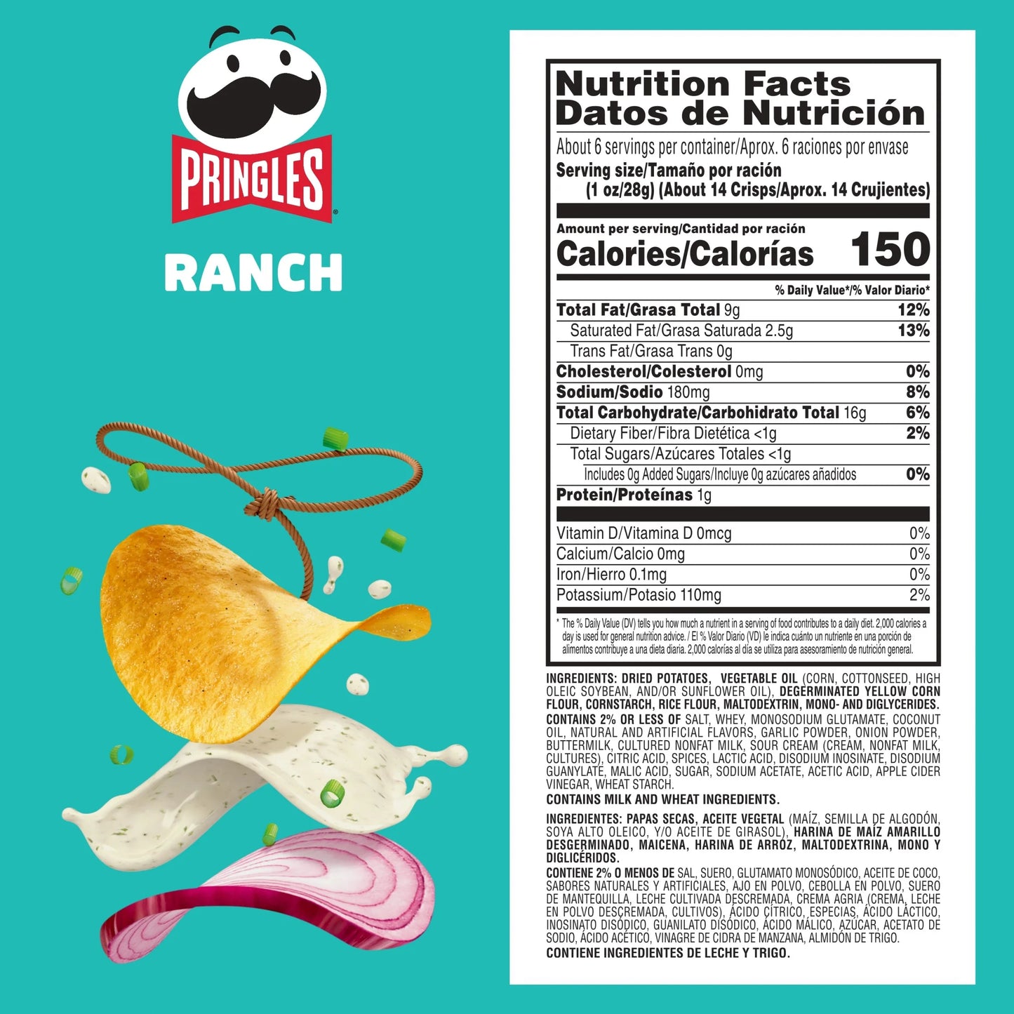 Ranch Potato Crisps Chips, Lunch Snacks, 5.5 Oz Canister