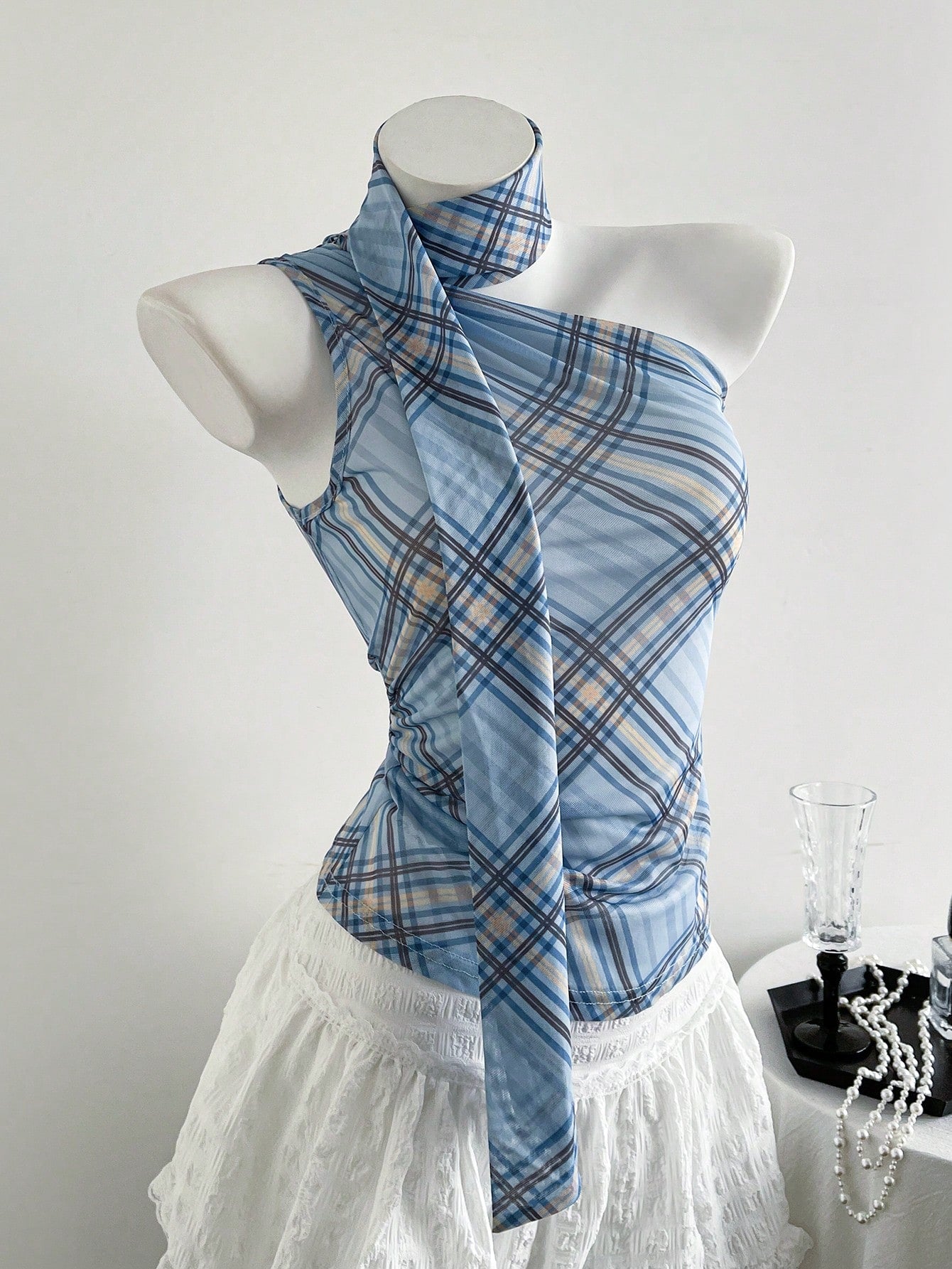 Elamini Women Summer Casual/Vacation Sleeveless Oblique Shoulder Lace Ruffled Tank Top, Blue Plaid