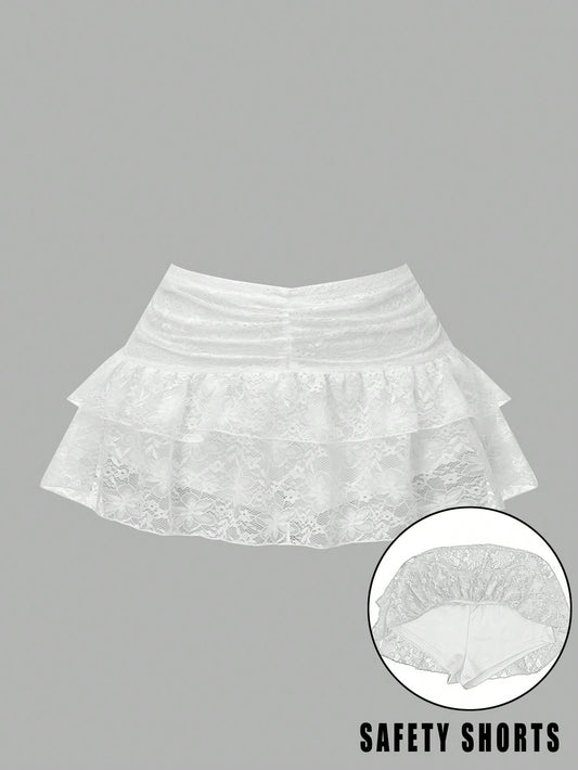 Women'S Lace Ruffle Drawstring Pleated Cute Cake Mini Skirt, Suitable for Gathering, Shopping, Party, White