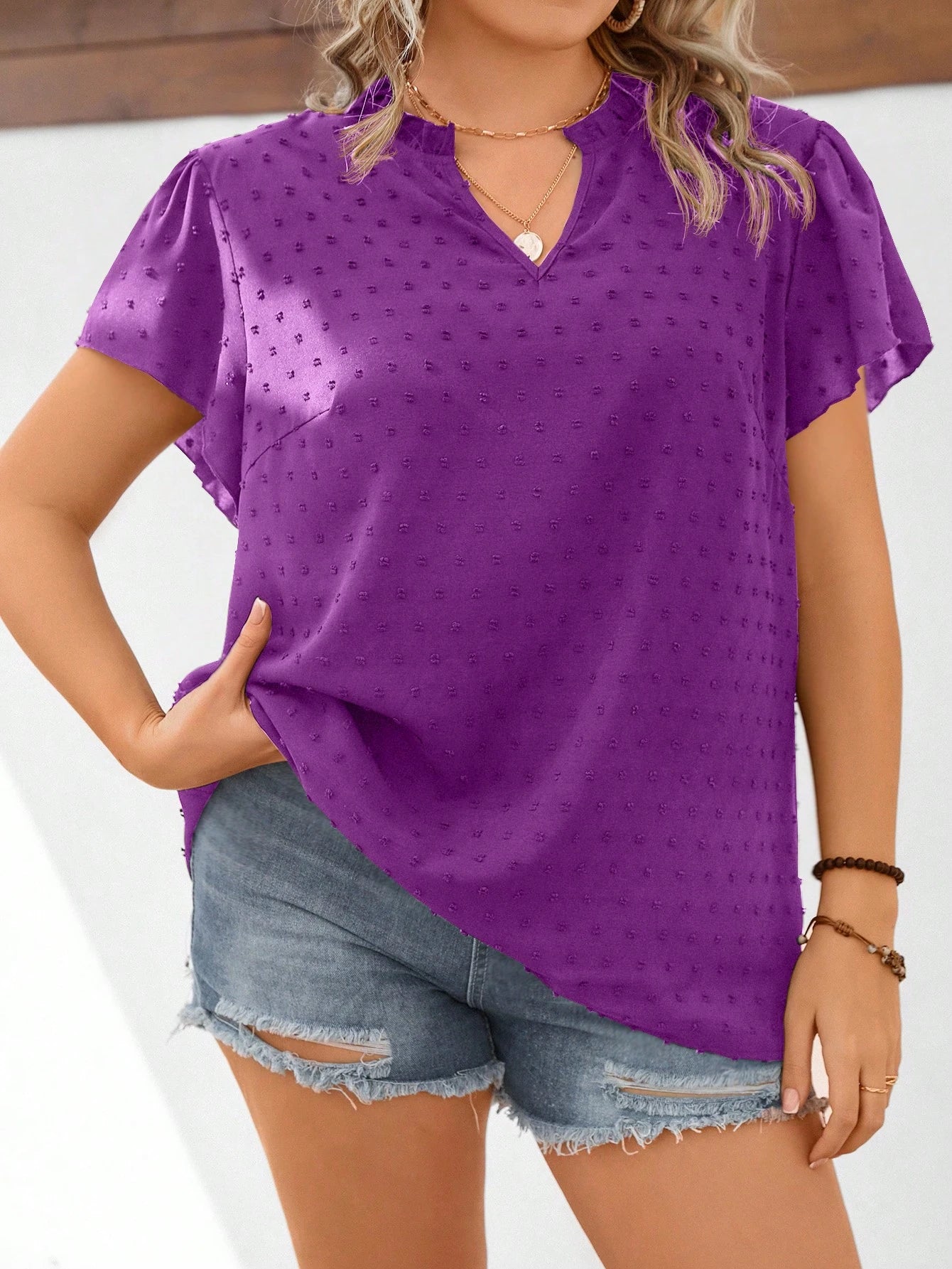 LUNE plus Swiss Dot Notched Neckline Butterfly Sleeve Blouse
