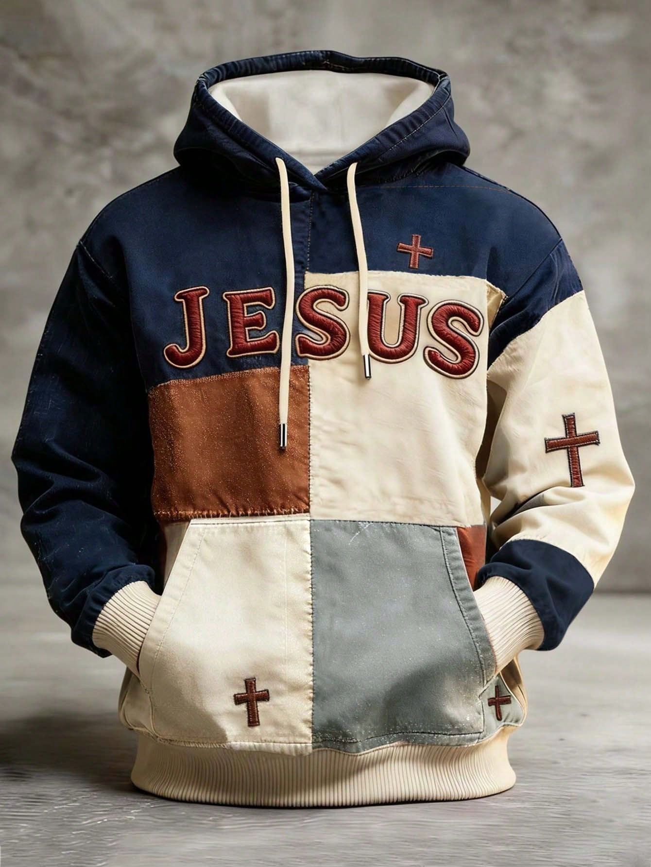Manfinity Dauomo Men'S Artistic Retro Patchwork Print Hoodie, Colorful Comfortable Top, JESUS Cross Faith Graphic Long Sleeve Sweatshirt, Suitable for Everyday Wear
