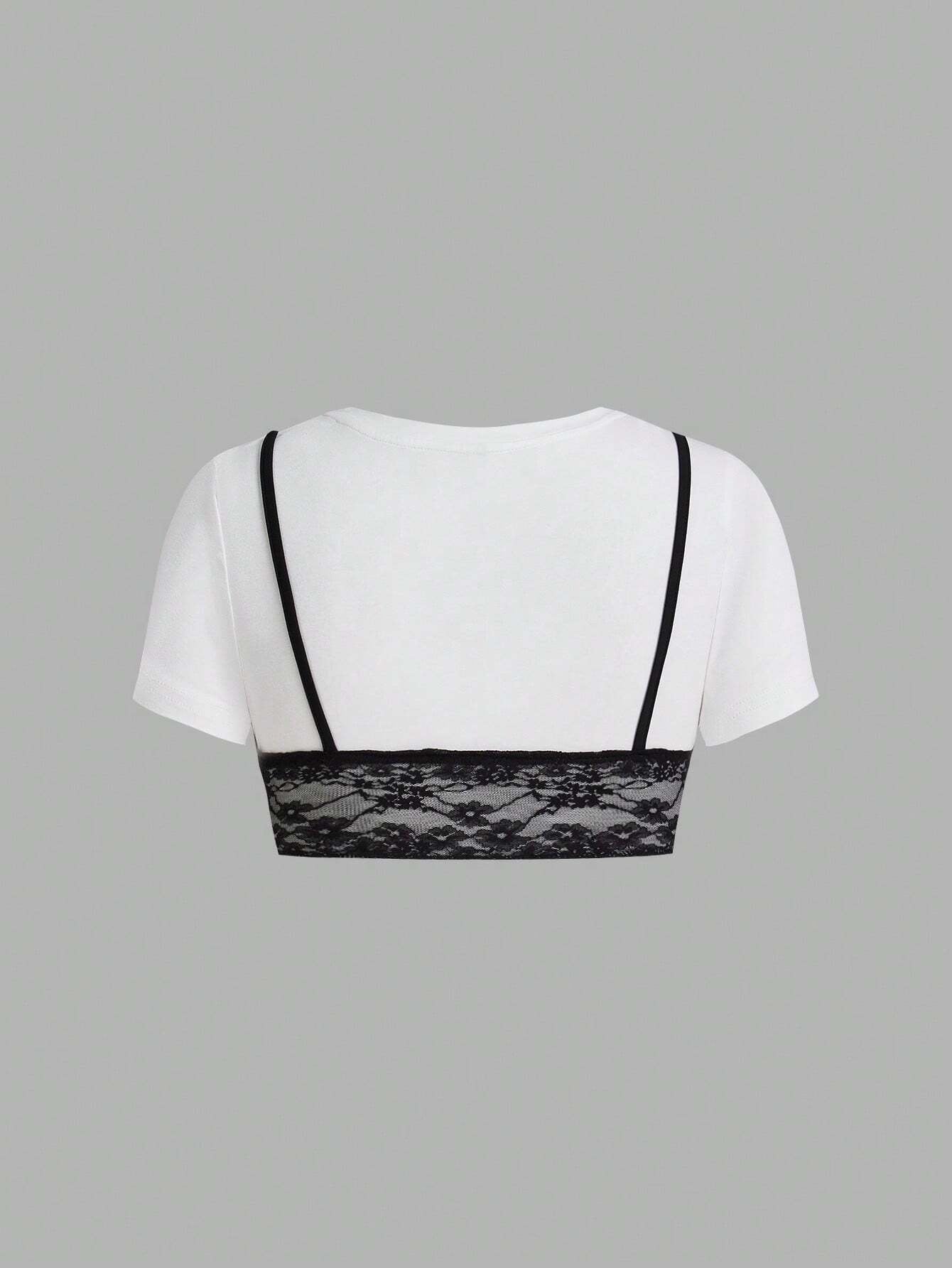 ICON Women'S Summer Crop Sleeve Contrast Lace Cropped T-Shirt with round Neck