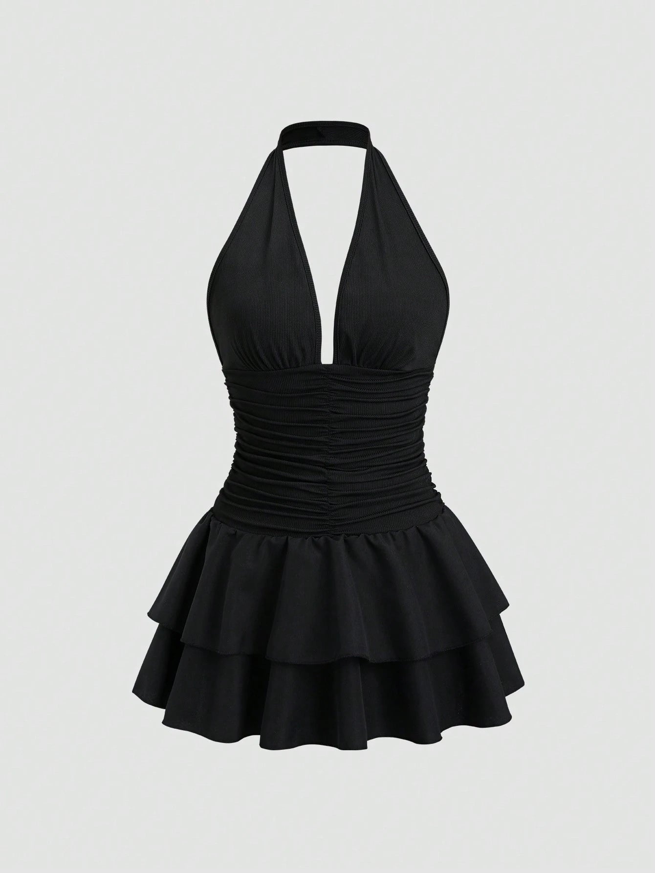 Sweetra Black Knit & Woven Patchwork V-Neck Ruffle Backless Mini Dress with Ruched Waist, Simple & Elegant for Vacation Casual Daily Wear, Spring/Summer for Women