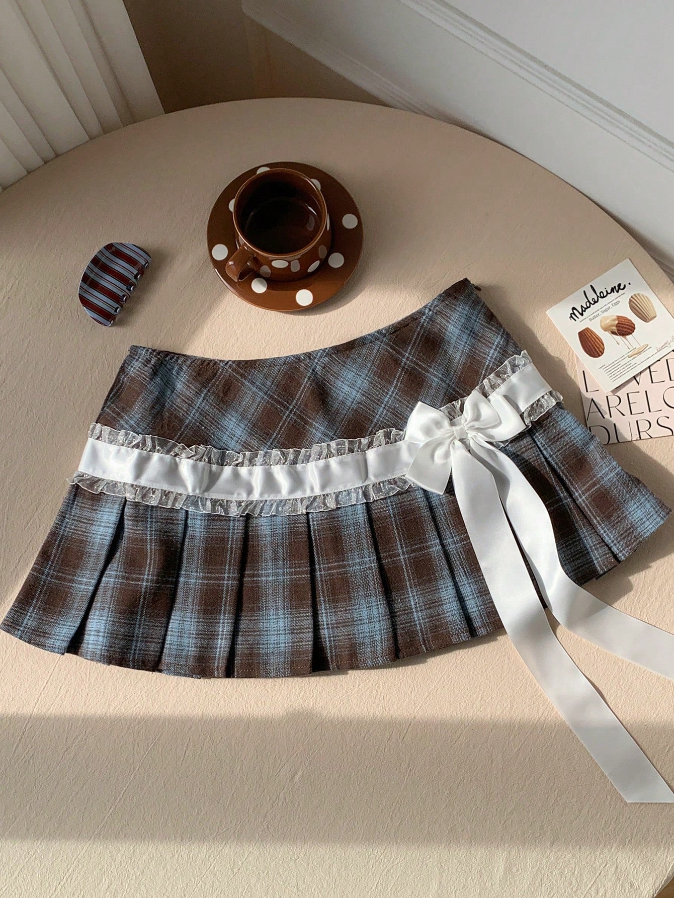 Comfortcana 2025 New Fall and Winter Women'S Plaid Lace Bow Decor Fashionable School Style Pleated Skirt Christmas New Year Party Graduation Brown and Blue Skirt