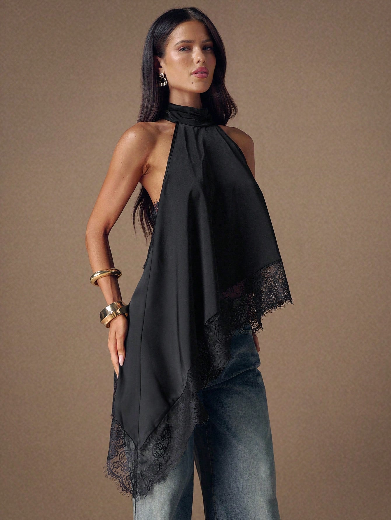 BAE Elegant Lace Trim Backless Camisole Top, Sexy Satin Patchwork Sleeveless Blouse for Party, Cocktail, Formal Occasions, Business Casual