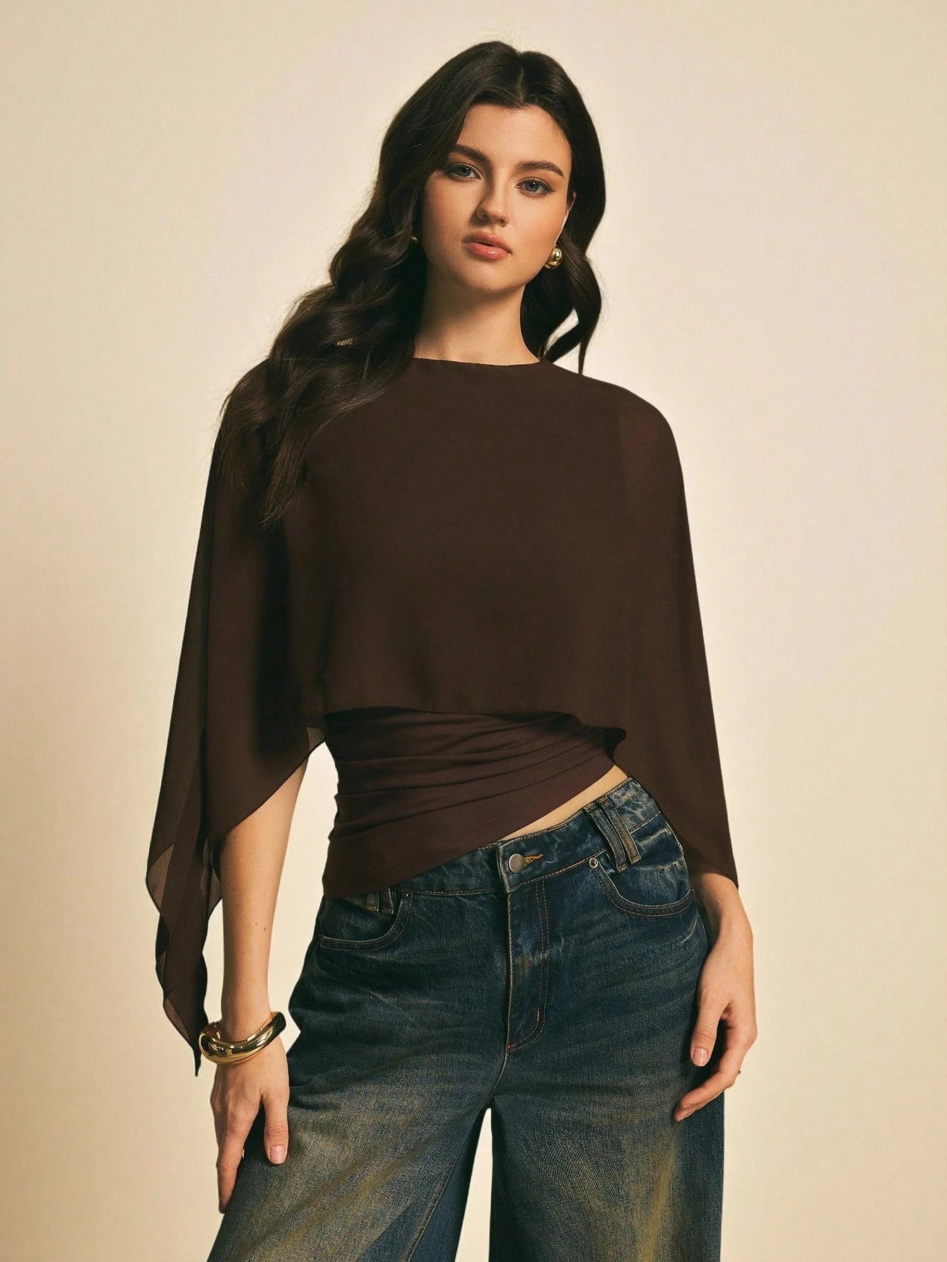 PoéSelle Women'S Brown Shawl Collar Casual Top,Elegant Blouses for Women ,Casual Women Outfits, New Year'S Outfit for Women,Suitable for Daily Wear, Going Out, Commuting Fall/Winter, Batwing Sleeve Top, Coffee Brown Top, Dark Brown Top,