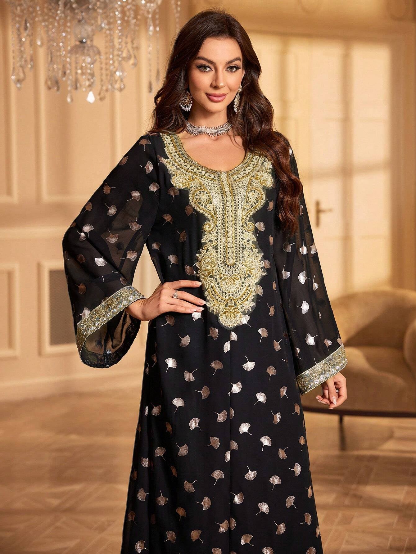 Rhinestone Embellished Long Sleeve Kaftan Maxi Dress