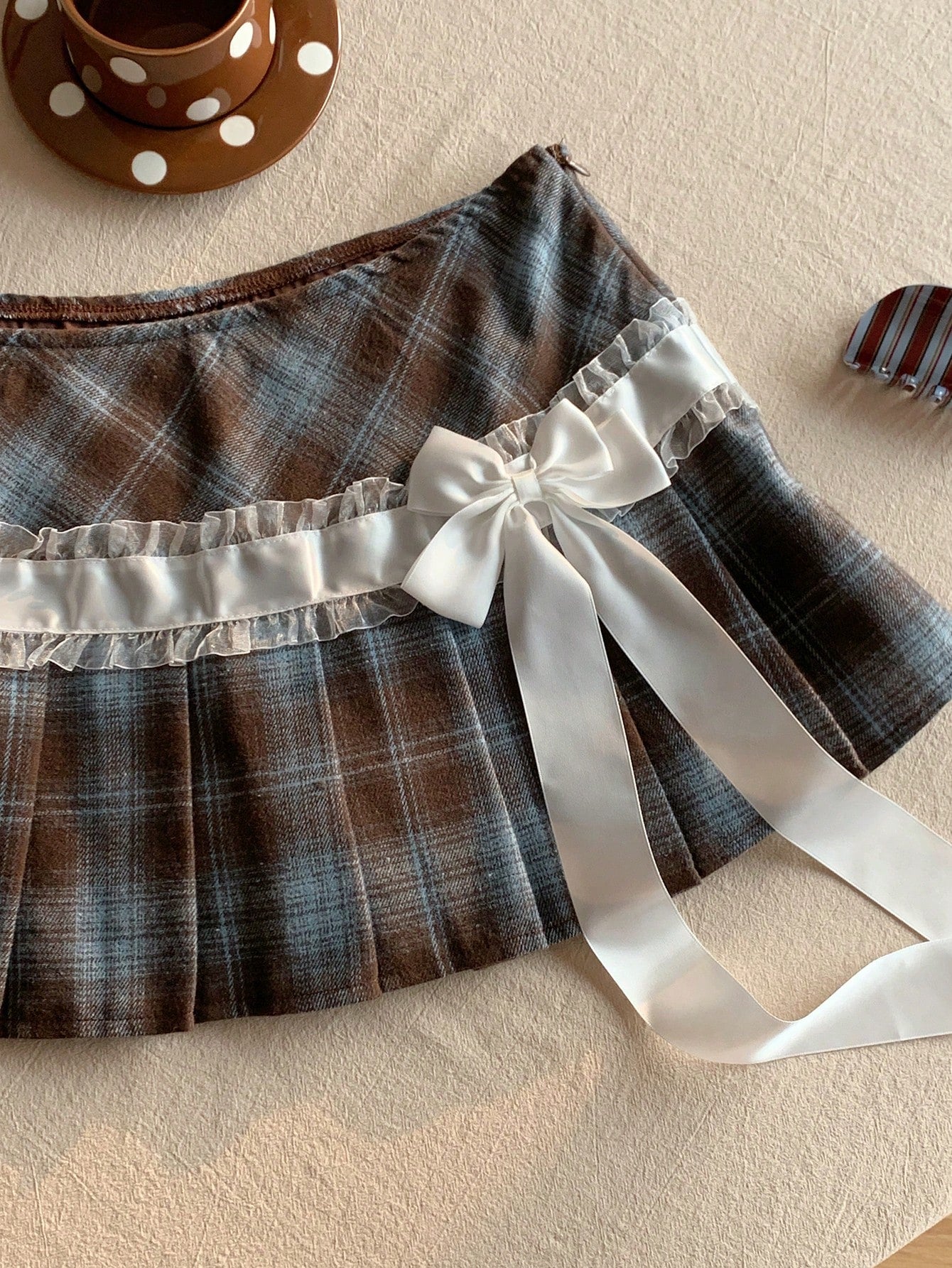 Comfortcana 2025 New Fall and Winter Women'S Plaid Lace Bow Decor Fashionable School Style Pleated Skirt Christmas New Year Party Graduation Brown and Blue Skirt