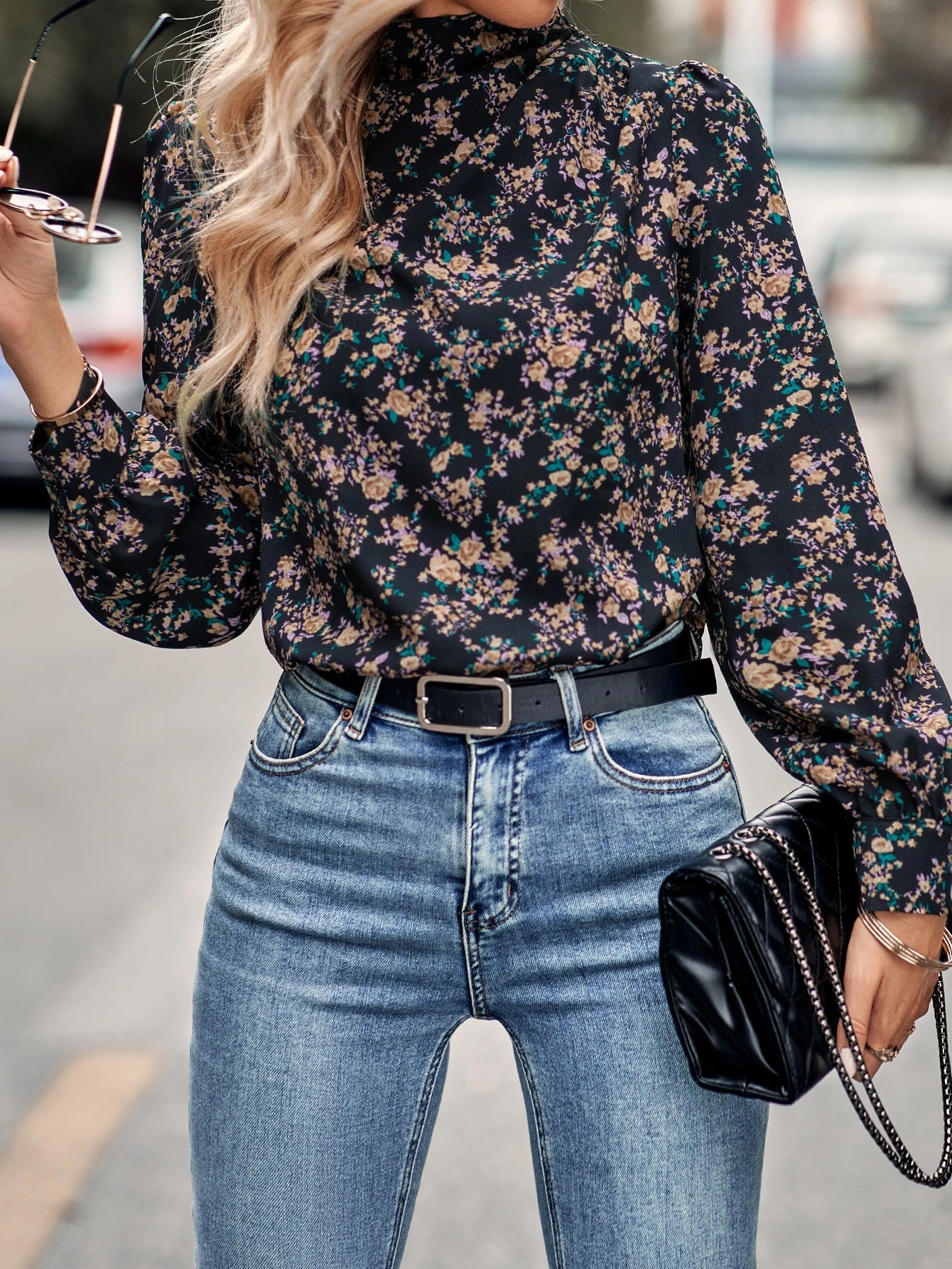 Ditsy Floral Mock Neck Blouse