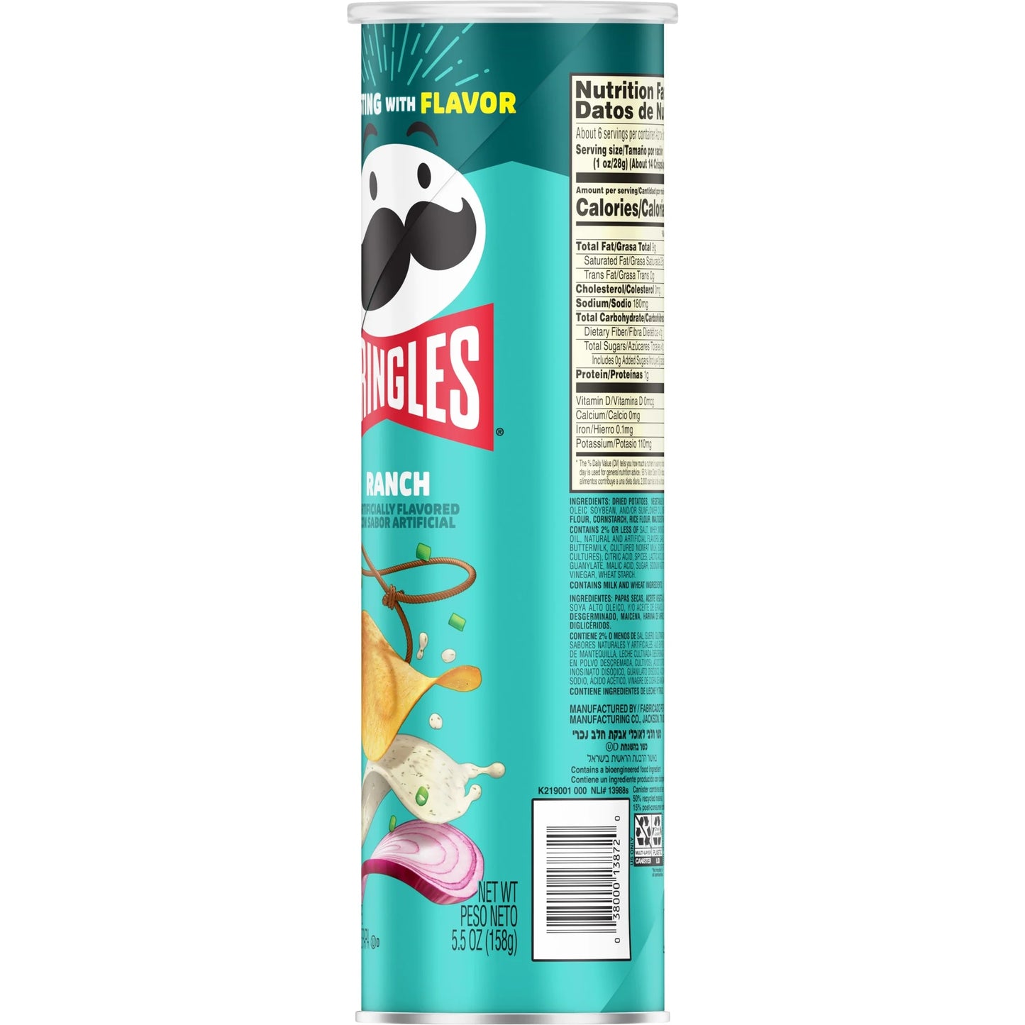 Ranch Potato Crisps Chips, Lunch Snacks, 5.5 Oz Canister