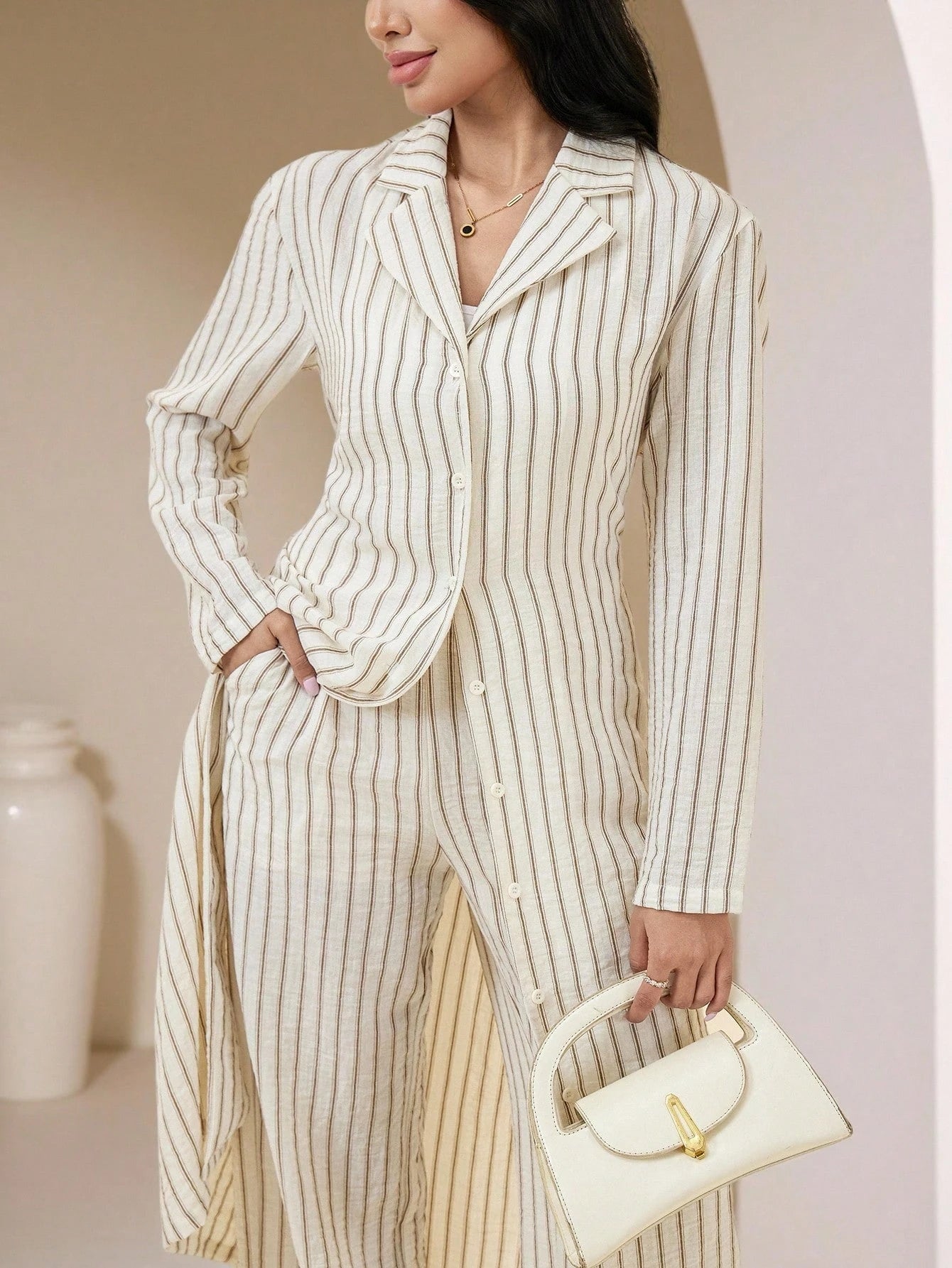 Veilorie Women'S Casual Commuter Striped Long Shirt and Pants Arabic Set