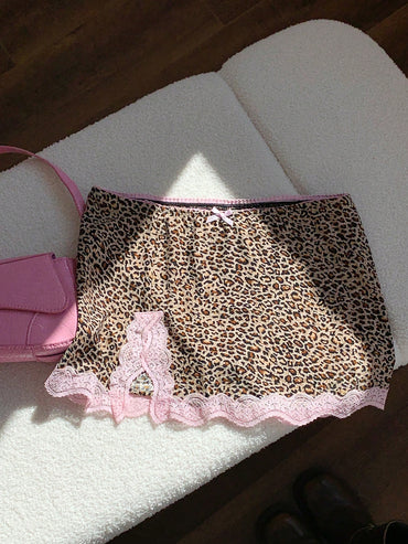 Comfortcana Women'S Summer Fashionable Leopard Print Contrast Lace Skirt Woman Skirts Women Skort