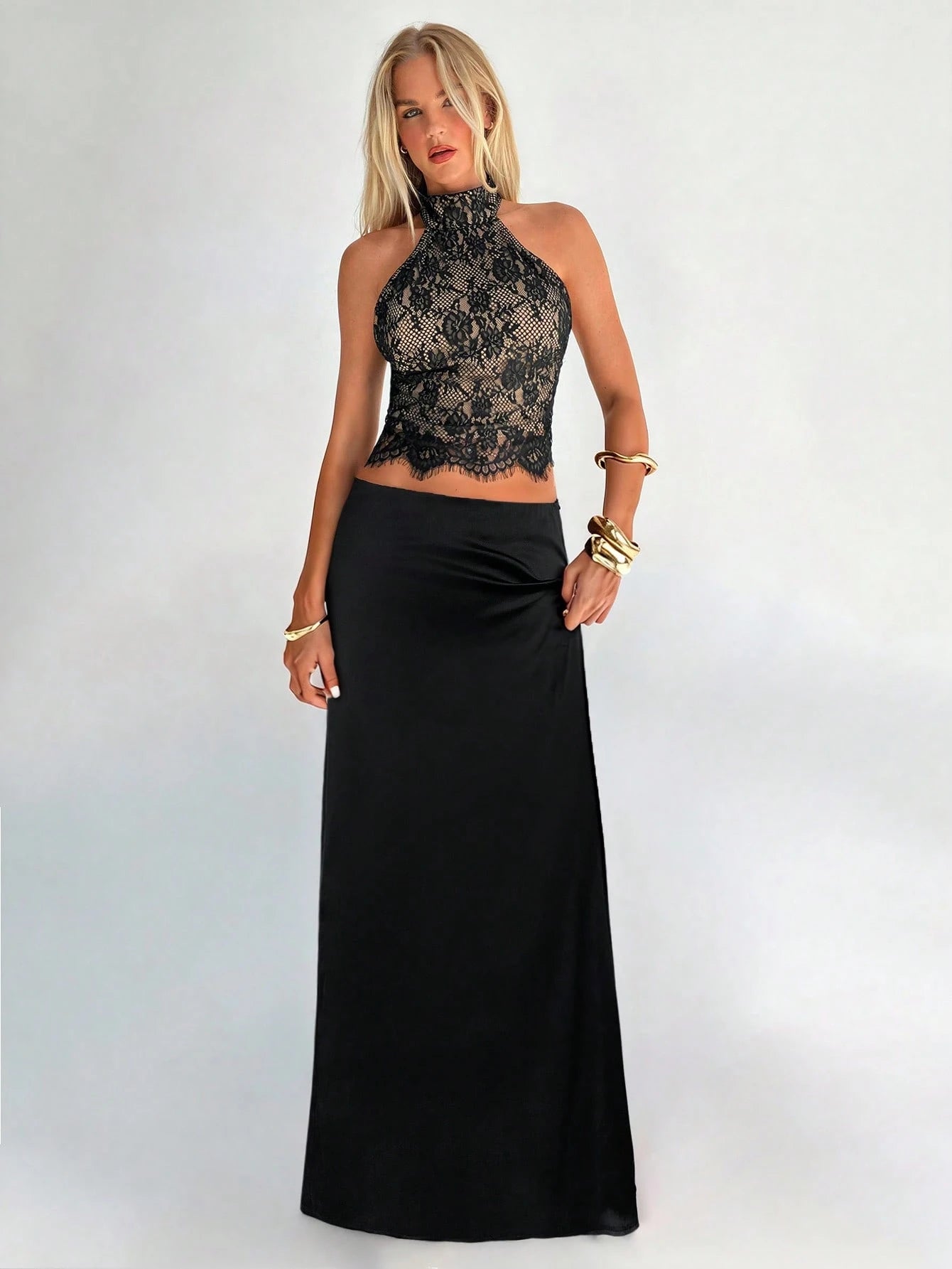 Aloruh 1 Set Women'S Sexy Party Halter Backless Sleeveless Lace Backless Camisole + Black Satin Low Waist Fishtail Skirt Black Lace Top Black See through Top