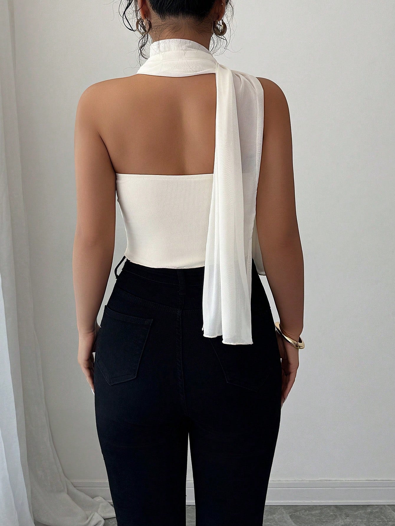 Elenzga Elegant Mesh Chiffon Ruffle Bandeau Blouse for Women