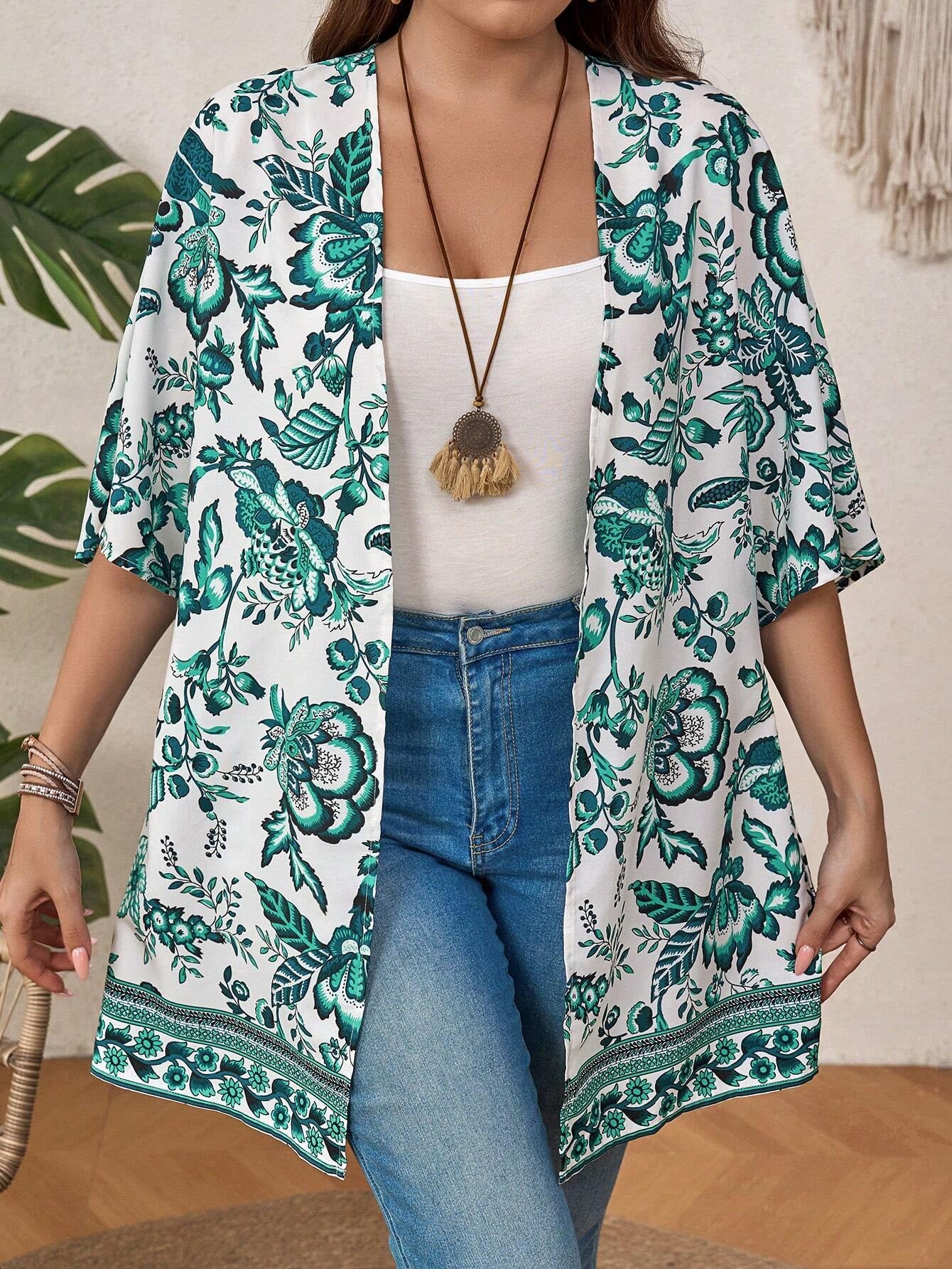 EMERY ROSE plus Size Women Floral Print Half Sleeve Open Front Kimono for Vacation for Summer Beach Vacation