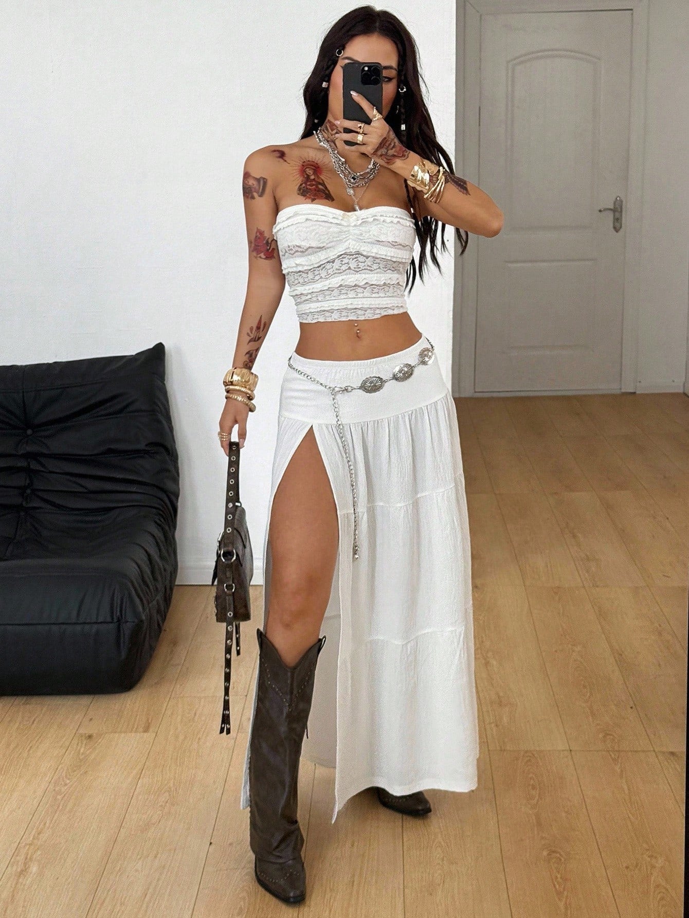 Coolane Women'S All-Season Concert Rave Festival Going Out Renaissance Fair Lace Side Slit Skirt for Vacation Western Wear Y2K Texture Fabric Long White Skirt with Slit White Boho Maxi Skirt