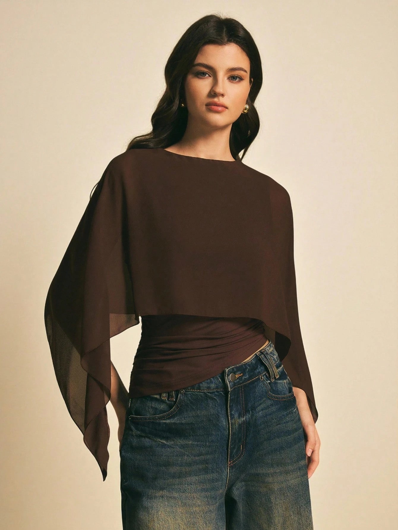 PoéSelle Women'S Brown Shawl Collar Casual Top,Elegant Blouses for Women ,Casual Women Outfits, New Year'S Outfit for Women,Suitable for Daily Wear, Going Out, Commuting Fall/Winter, Batwing Sleeve Top, Coffee Brown Top, Dark Brown Top,