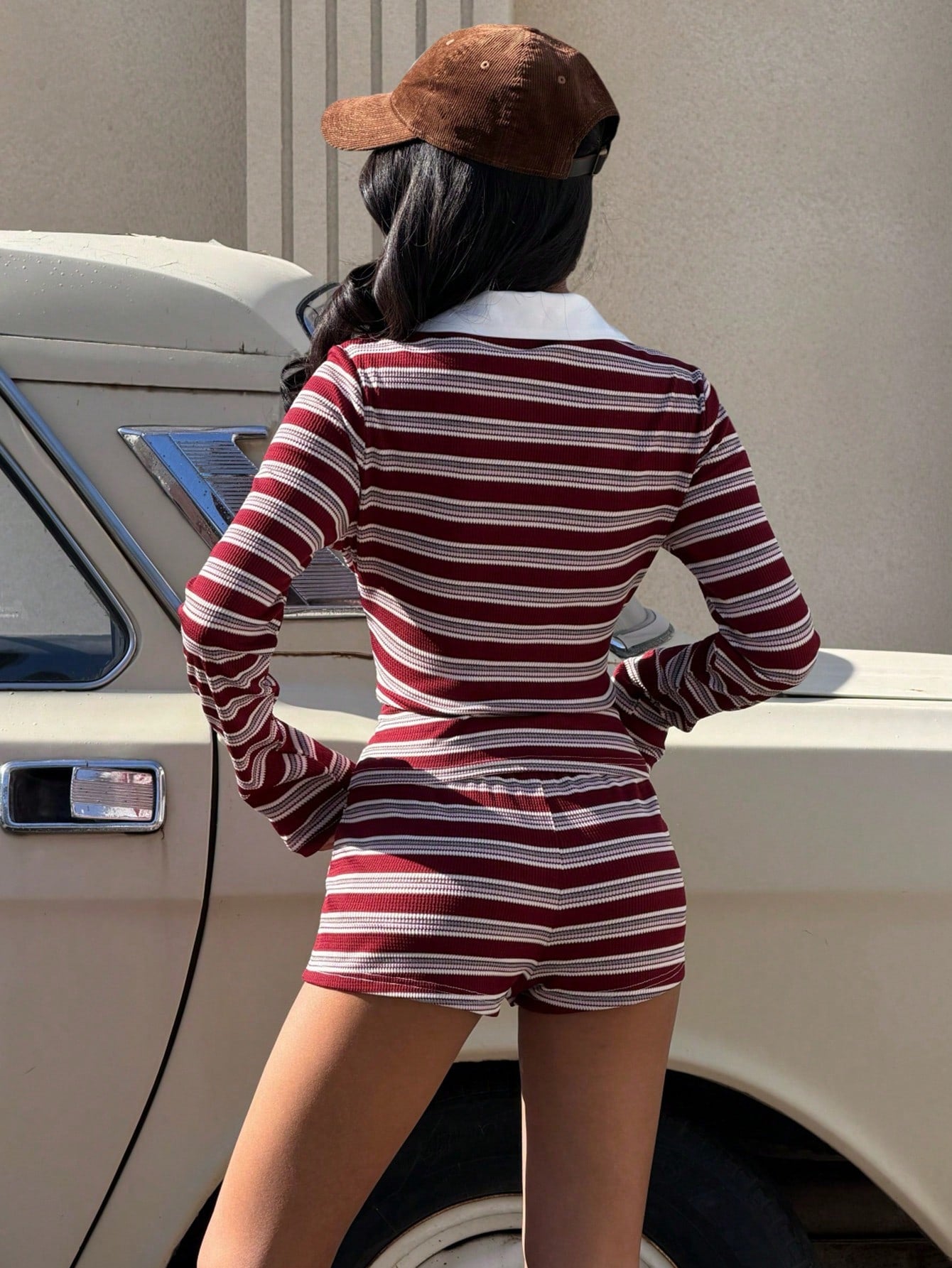 Muchica Women Textured Knit Polo Collar Long Sleeve T-Shirt and Super Shorts Set for Going Out Outfits, Streetwear, Y2K Clothes,Back to School Outfits