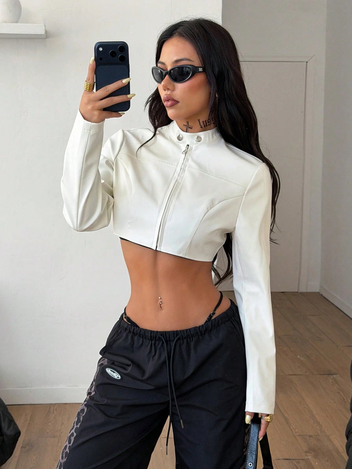 Coolane Women'S Winter Streetwear Rave Party Hippie Athleisure Y2K Basic Leather Comfortable Zip up Slim Fit Game Day White Crop Long Sleeve Coat