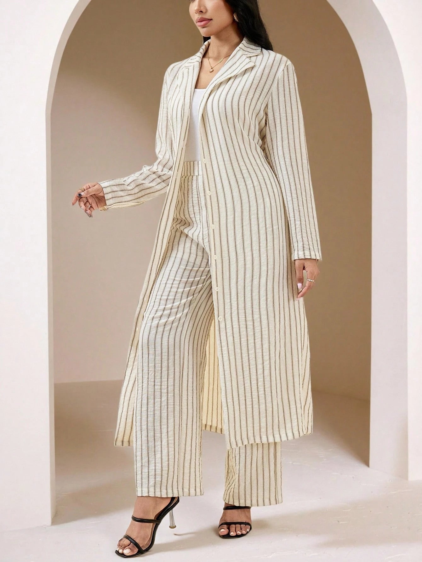 Veilorie Women'S Casual Commuter Striped Long Shirt and Pants Arabic Set