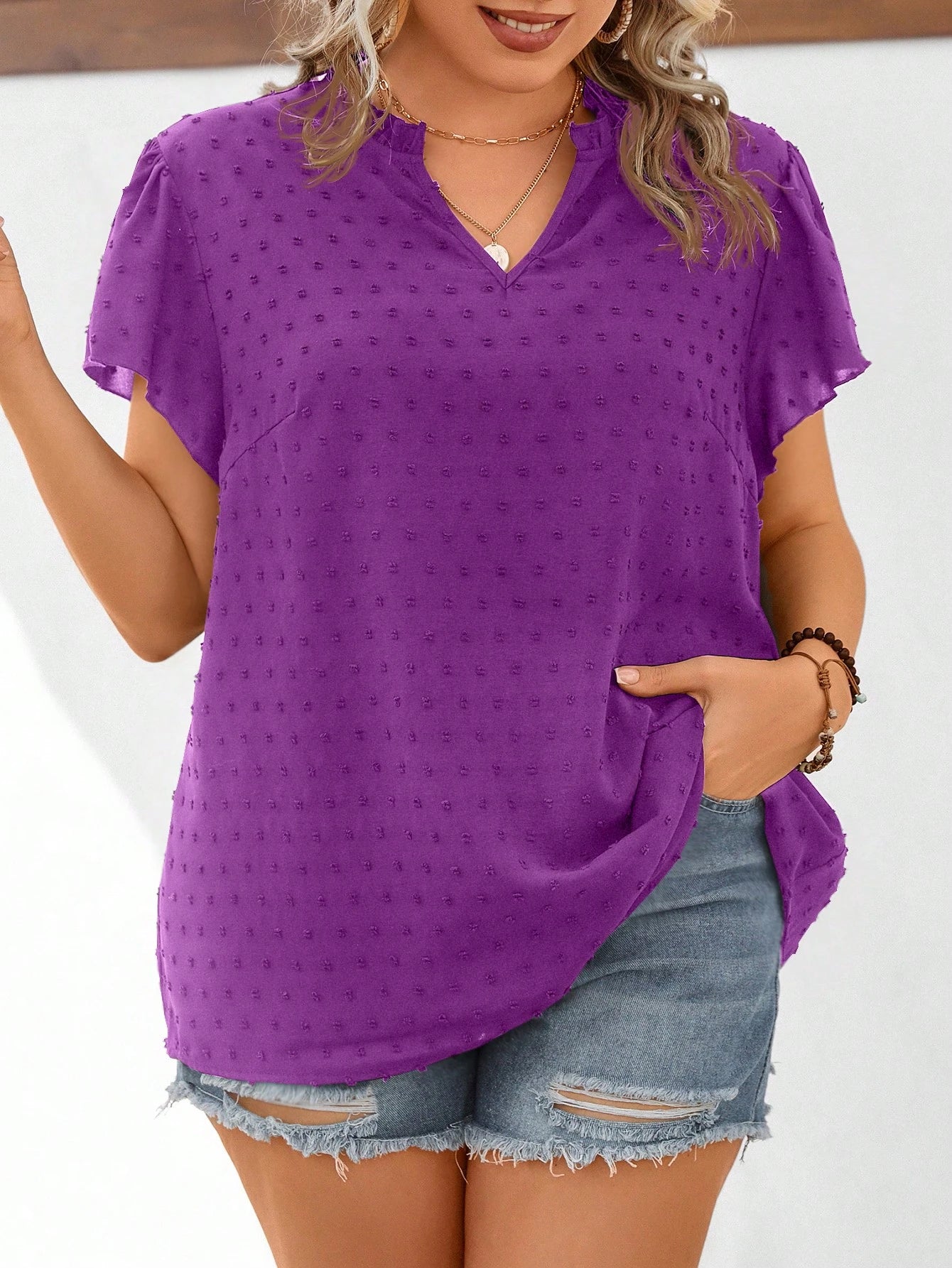 LUNE plus Swiss Dot Notched Neckline Butterfly Sleeve Blouse