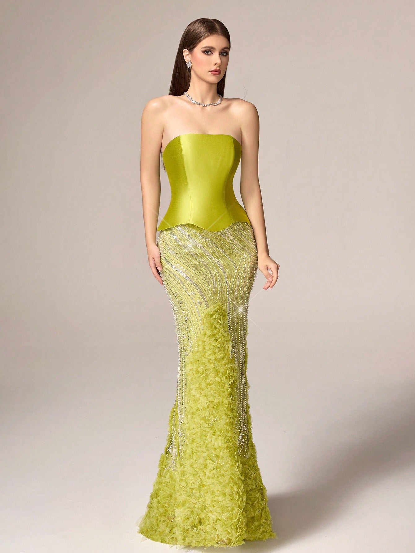 VIPGIRL Elegant Luxury Lime Green Strapless Evening Gown - Contrast Sequin Mesh Decor Mermaid Silhouette, Woven Fabric Ruffle Trim, Sleeveless Fitted Design | Suitable for Formal Dinners, Red Carpet Events, Graduation Dances, Wedding Receptions and More
