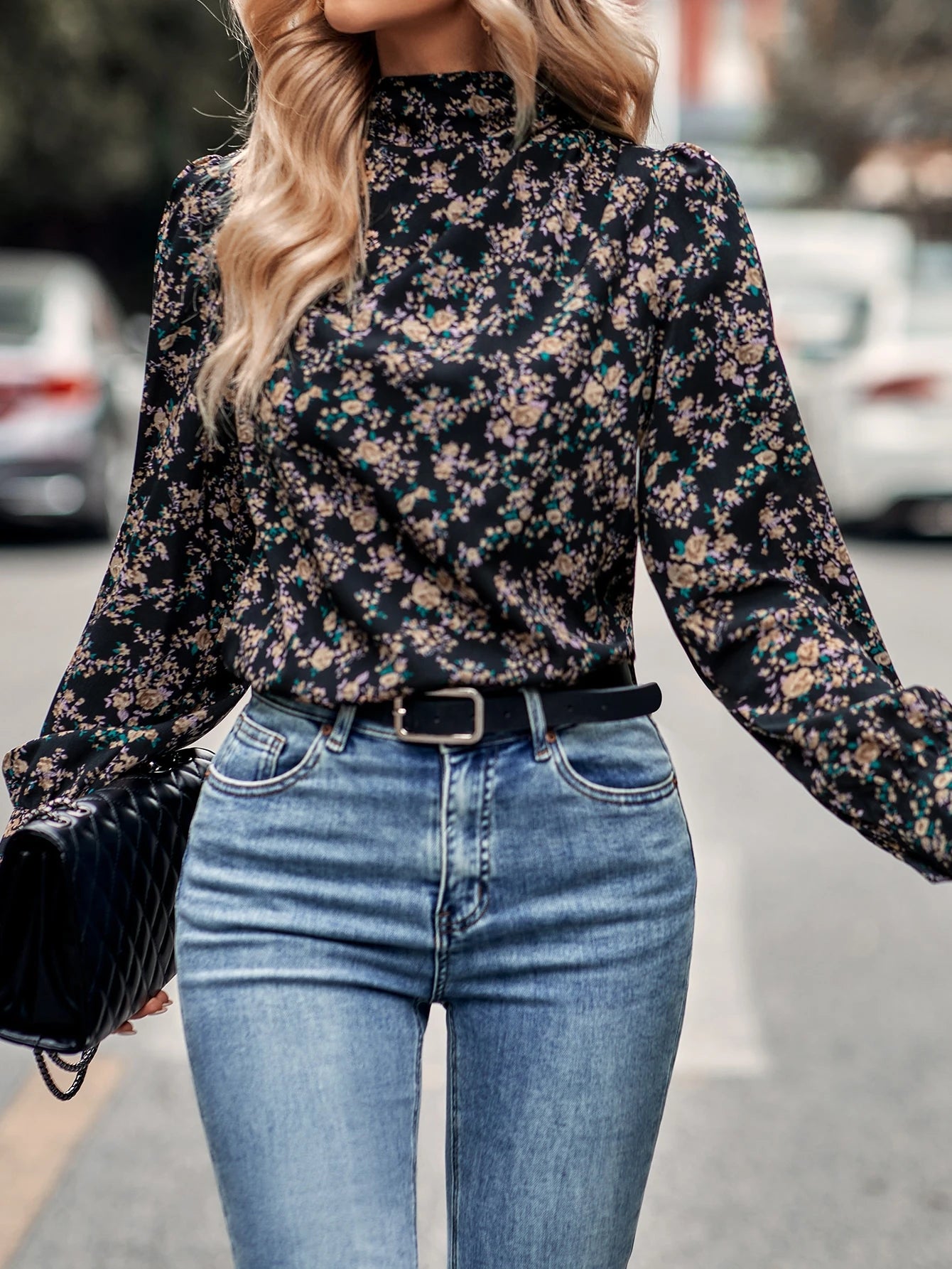 Ditsy Floral Mock Neck Blouse