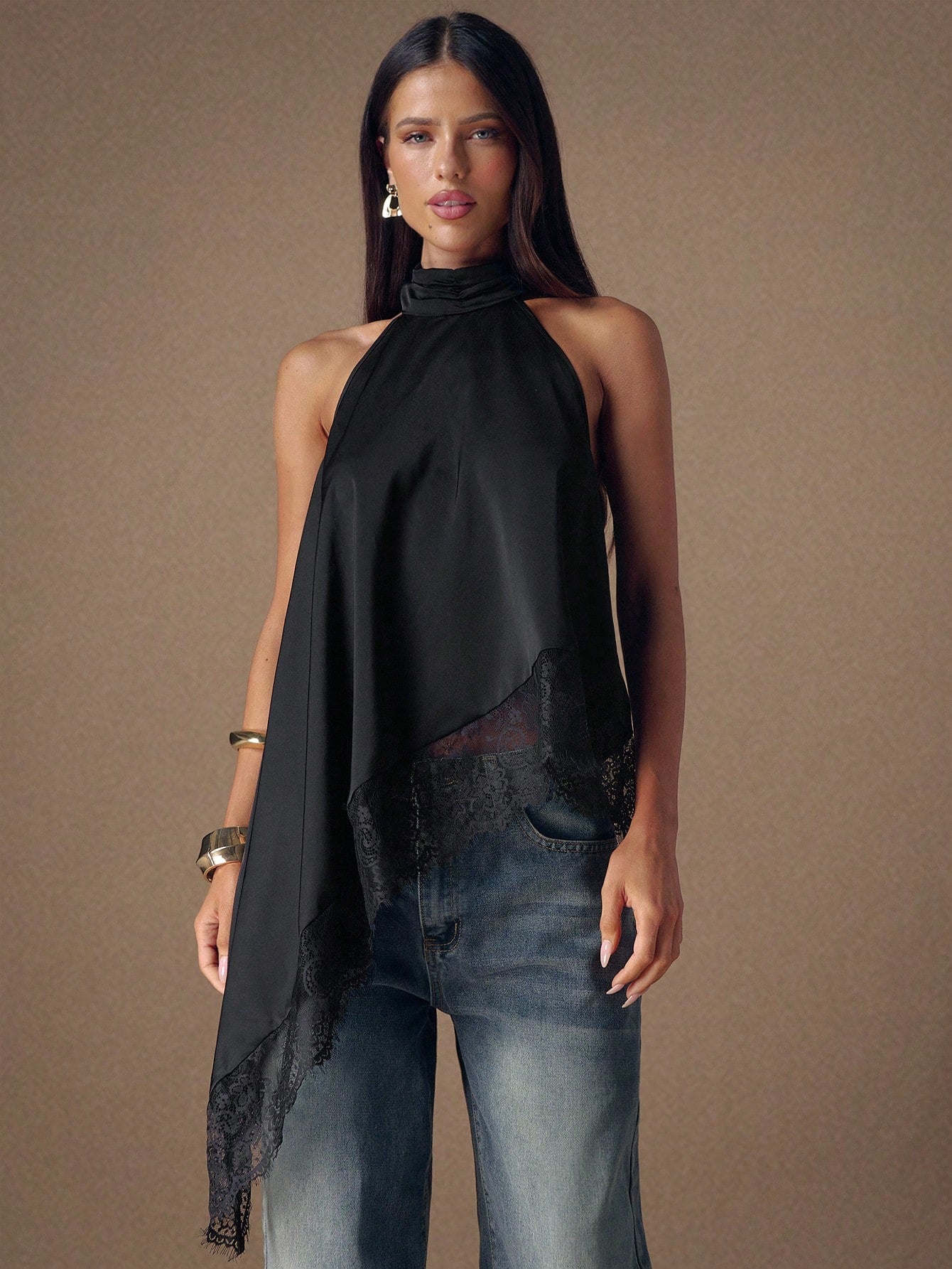BAE Elegant Lace Trim Backless Camisole Top, Sexy Satin Patchwork Sleeveless Blouse for Party, Cocktail, Formal Occasions, Business Casual