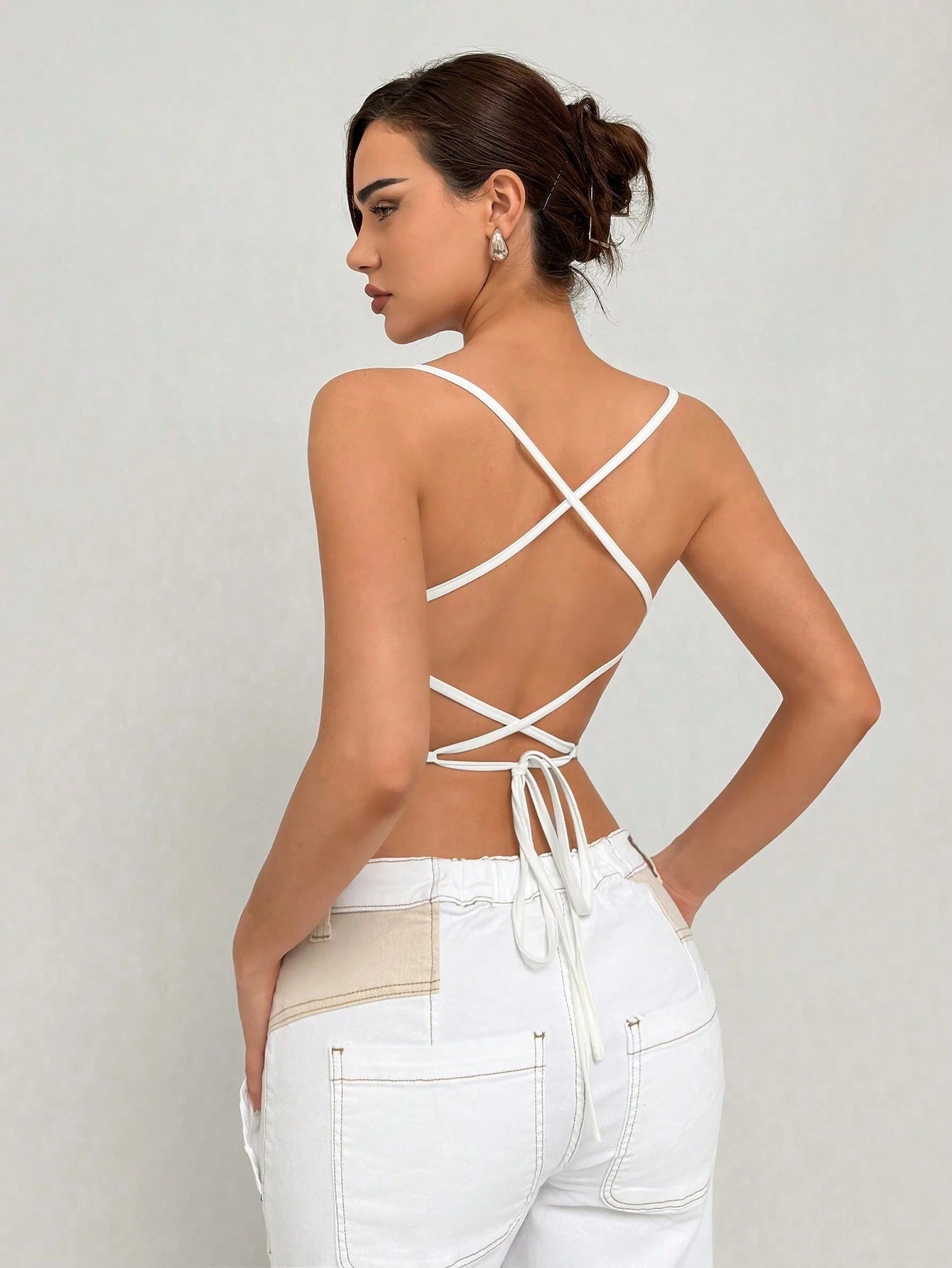 Aloruh Romantic Date Halter Lace White Women Tank Top with Backless Design