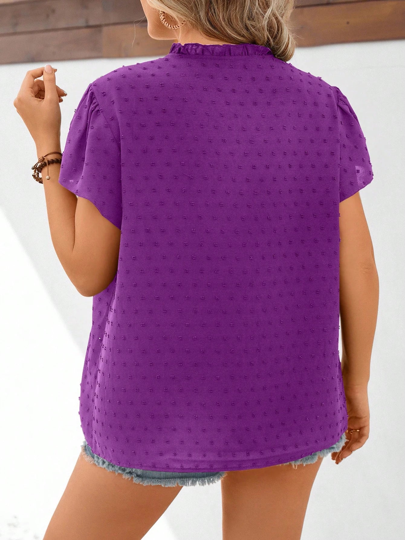 LUNE plus Swiss Dot Notched Neckline Butterfly Sleeve Blouse