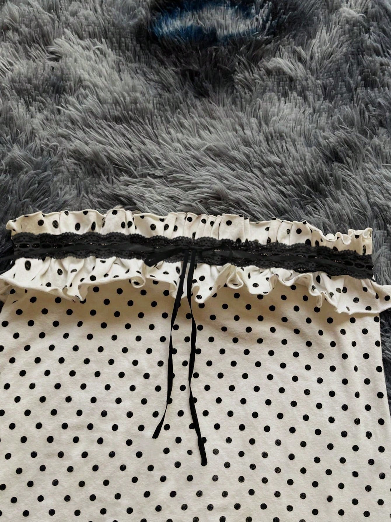 INAWLY Women Frill Trim Polka Dot Print Contrast Lace Strapless Mini Dress