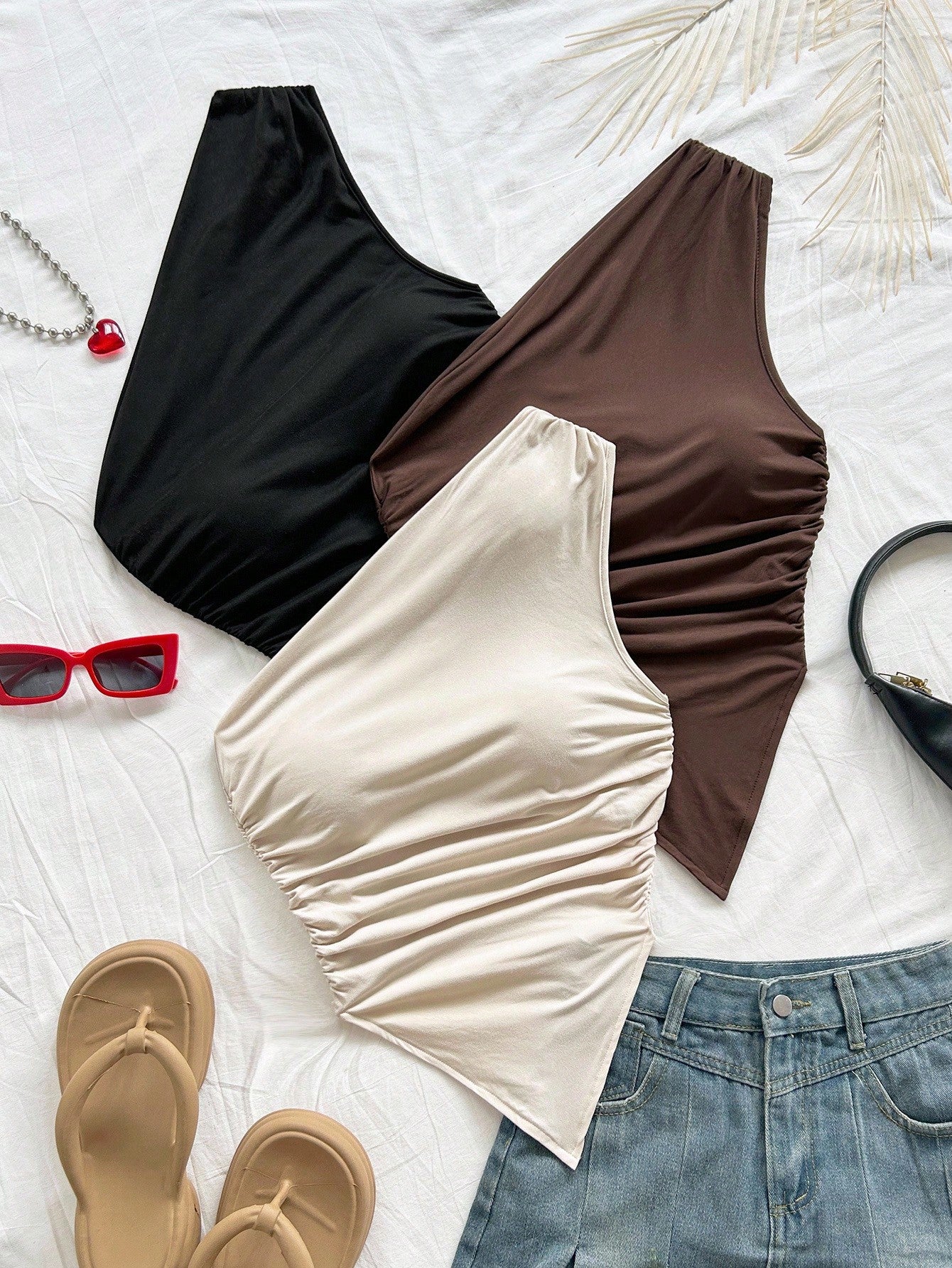 Soleia 3Pcs Women'S Vacation Casual Asymmetric Hem Asymmetrical Shoulder Top, Summer 2 Pieces Set, Suitable for Back to School, Afternoon Tea, Casual, Beach Wedding Guest, Graduation Brunch, St. Patrick'S Day, Spring Break, Easter, Music Festival, Elegant Boho Tropical, Brown, Black, Apricot