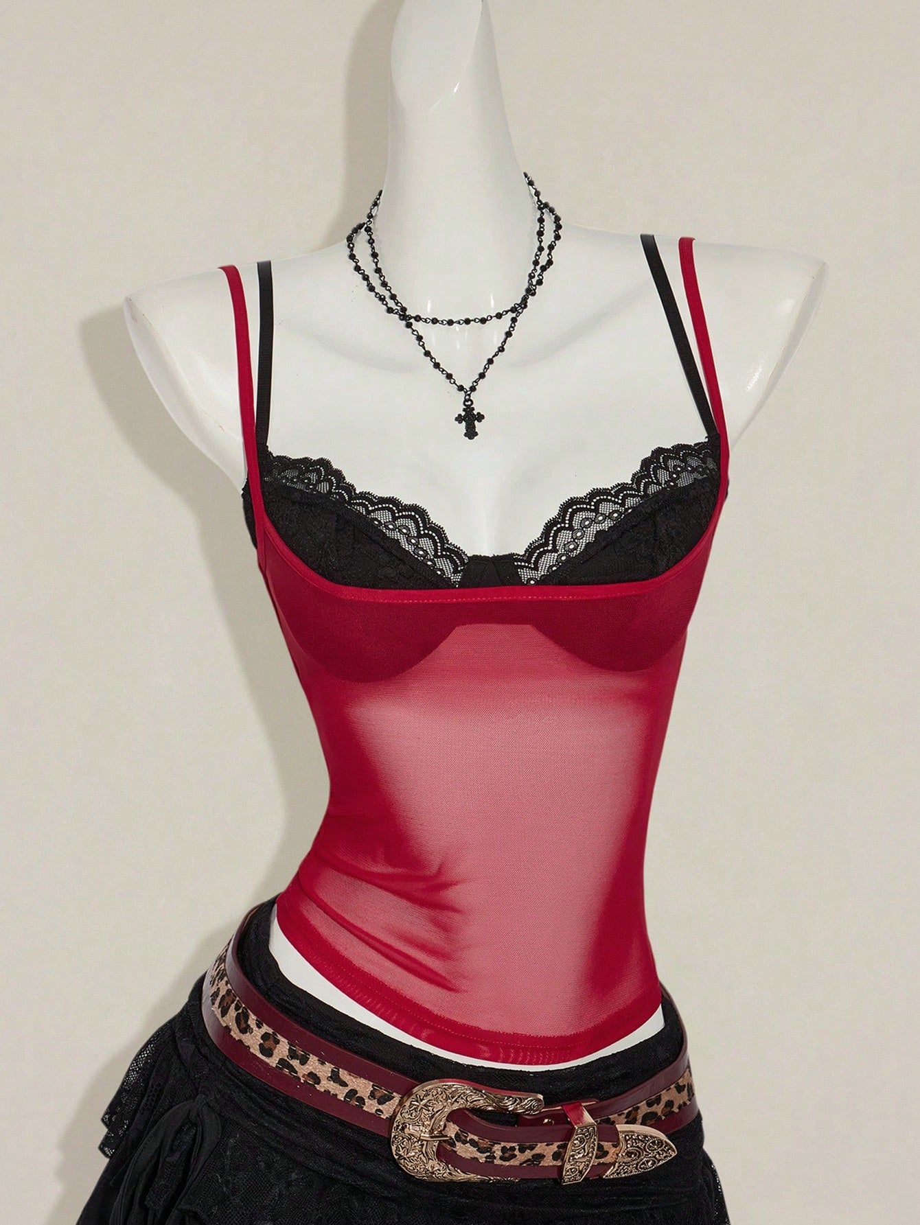 ICON Women'S Red Sheer Lace Camisole Crop Top Vest
